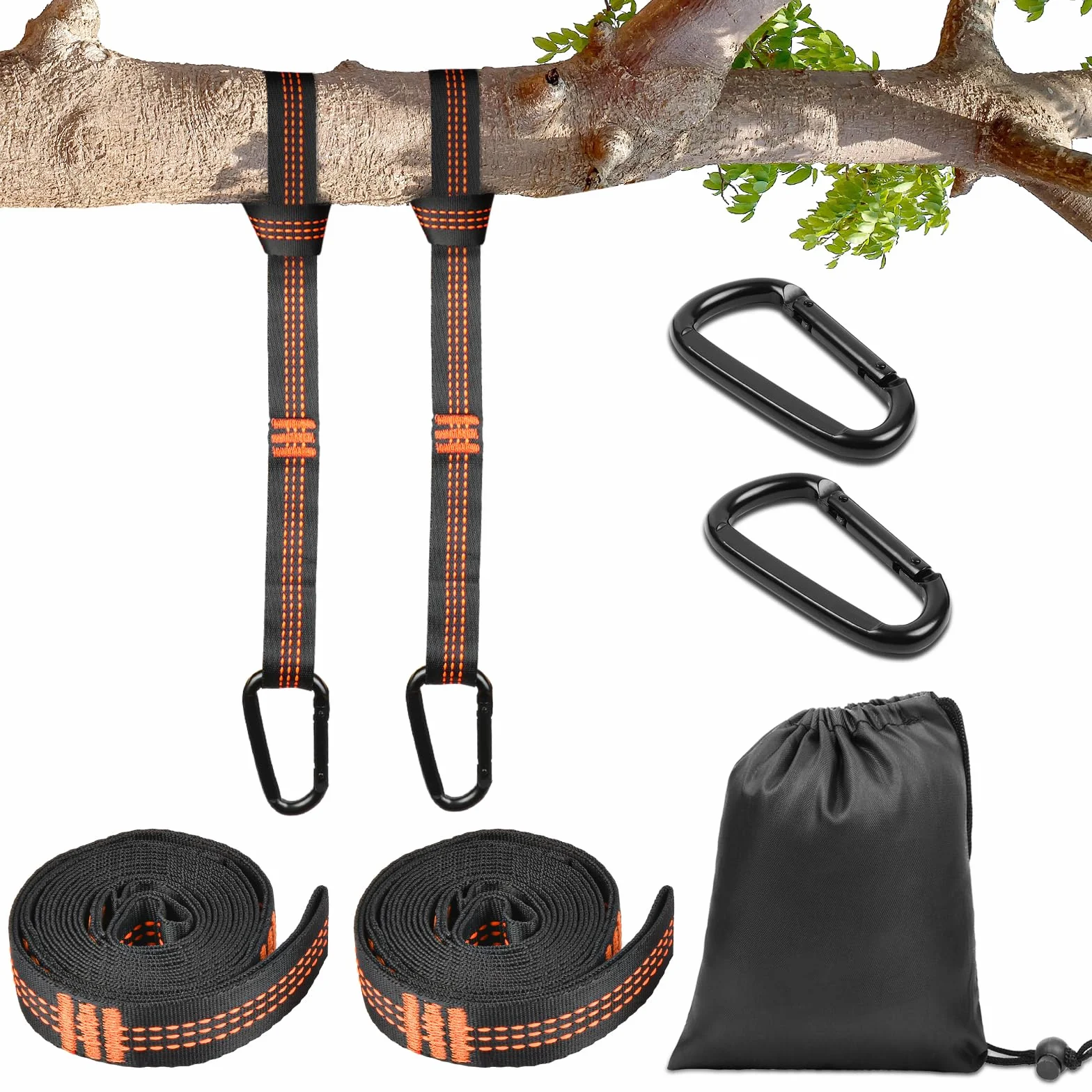 Vicloon 2 Correas para Hamaca, Fijación para Hamacas con 2 Mosquetones y 1 Bolsa, 2 m x 2,5 cm, Soporta hasta 1000 kg, Suspensión Accesorios para Camping Columpio de Hamaca.(Naranja)