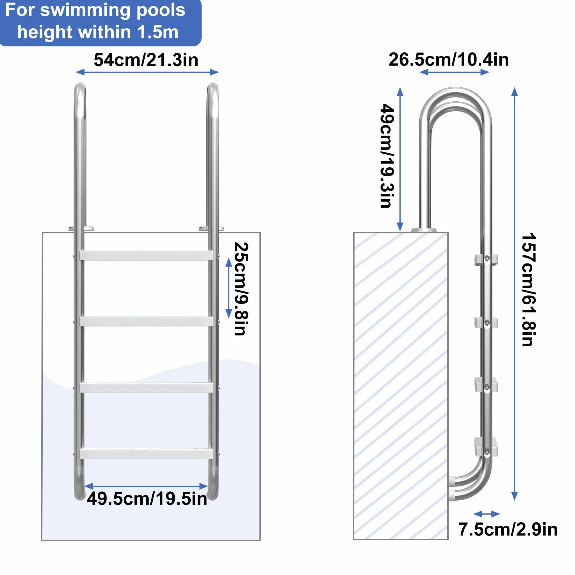YRHome Escalera de piscina de 4 peldaños de acero inoxidable 304, antideslizante, hasta 150 kg, capacidad de carga de hasta 150 kg, escalera de piscina para piscina de jardín, piscina empotrable