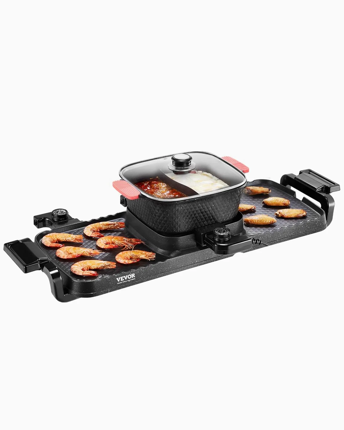VEVOR Olla Caliente con Parrilla sin Humo 2 en 1 de 2300 W, con Sartén Antiadherente, Control de Temperatura Dual Independiente, Barbacoa Coreana de Interior para 1-6 Personas, 770 x 282 x 198 mm