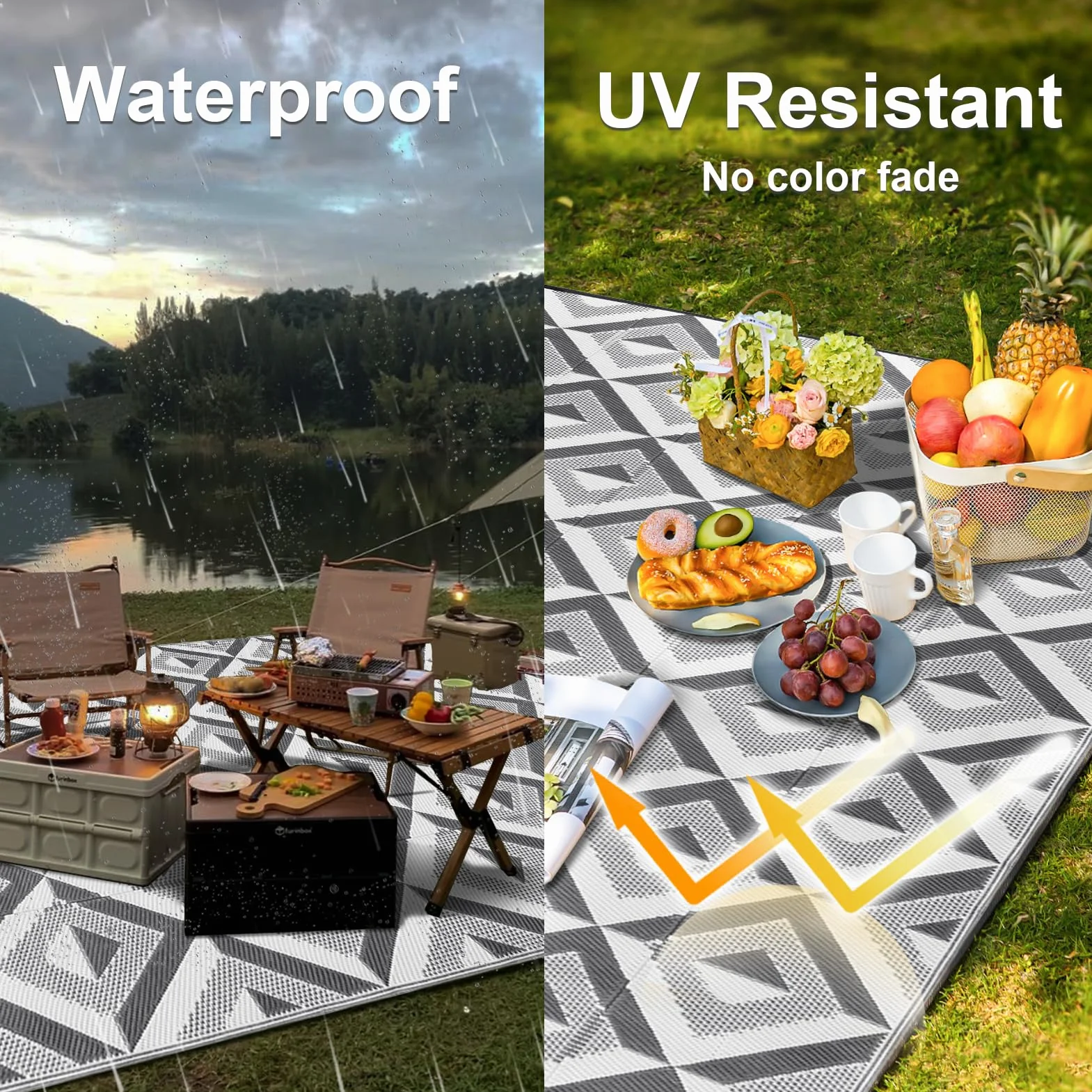 CHOSHOME Alfombra Exterior Impermeable 180x270cm Reversible UV Resistentes para Jardín Patio Camping - Plegable Ligera con Bolsa Transporte, Gris