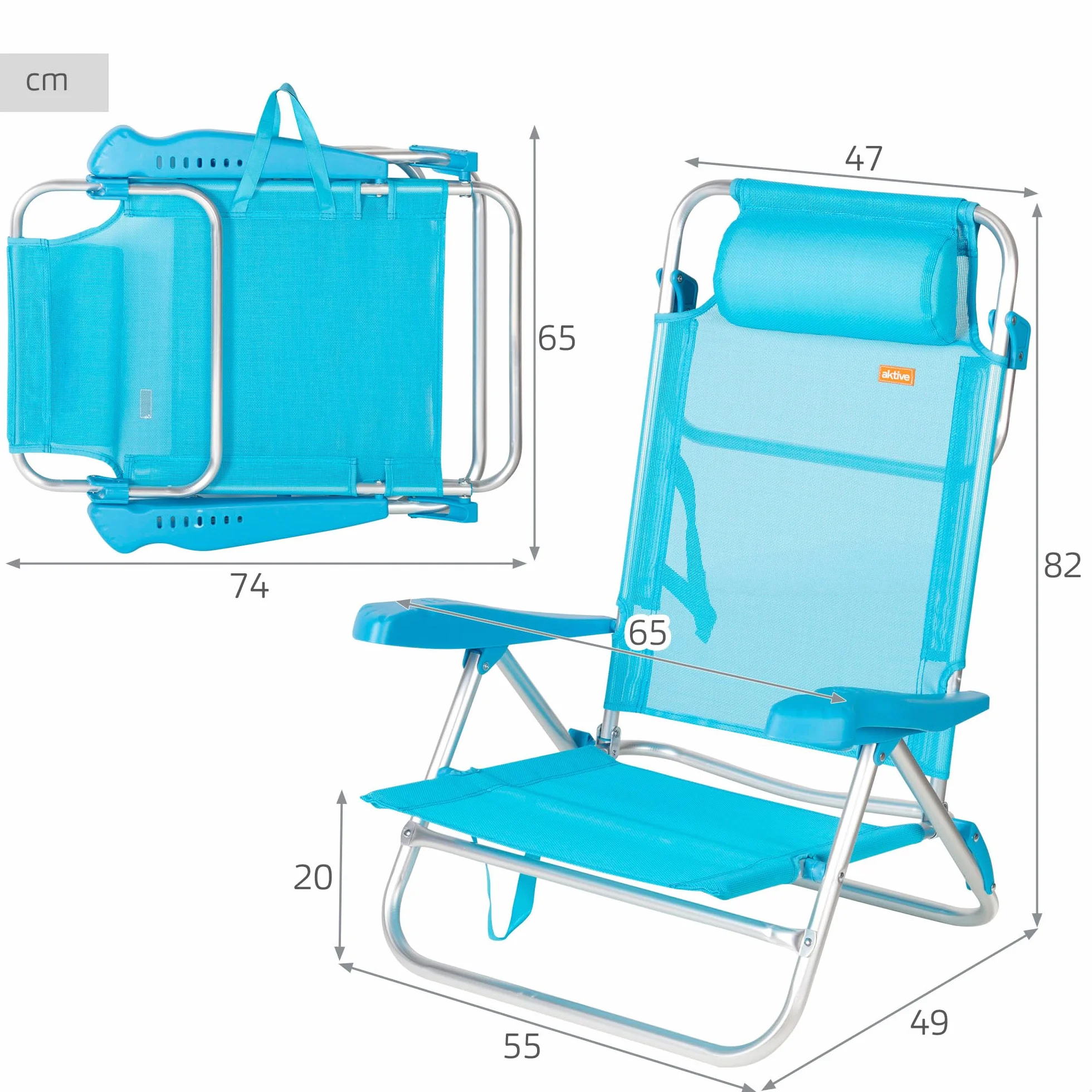 AKTIVE Silla de Playa Plegable, Multiposición 8 Posiciones, Textileno y Aluminio, Azul, 47x49x82 cm, 110 kg, Respaldo Alto Acolchado