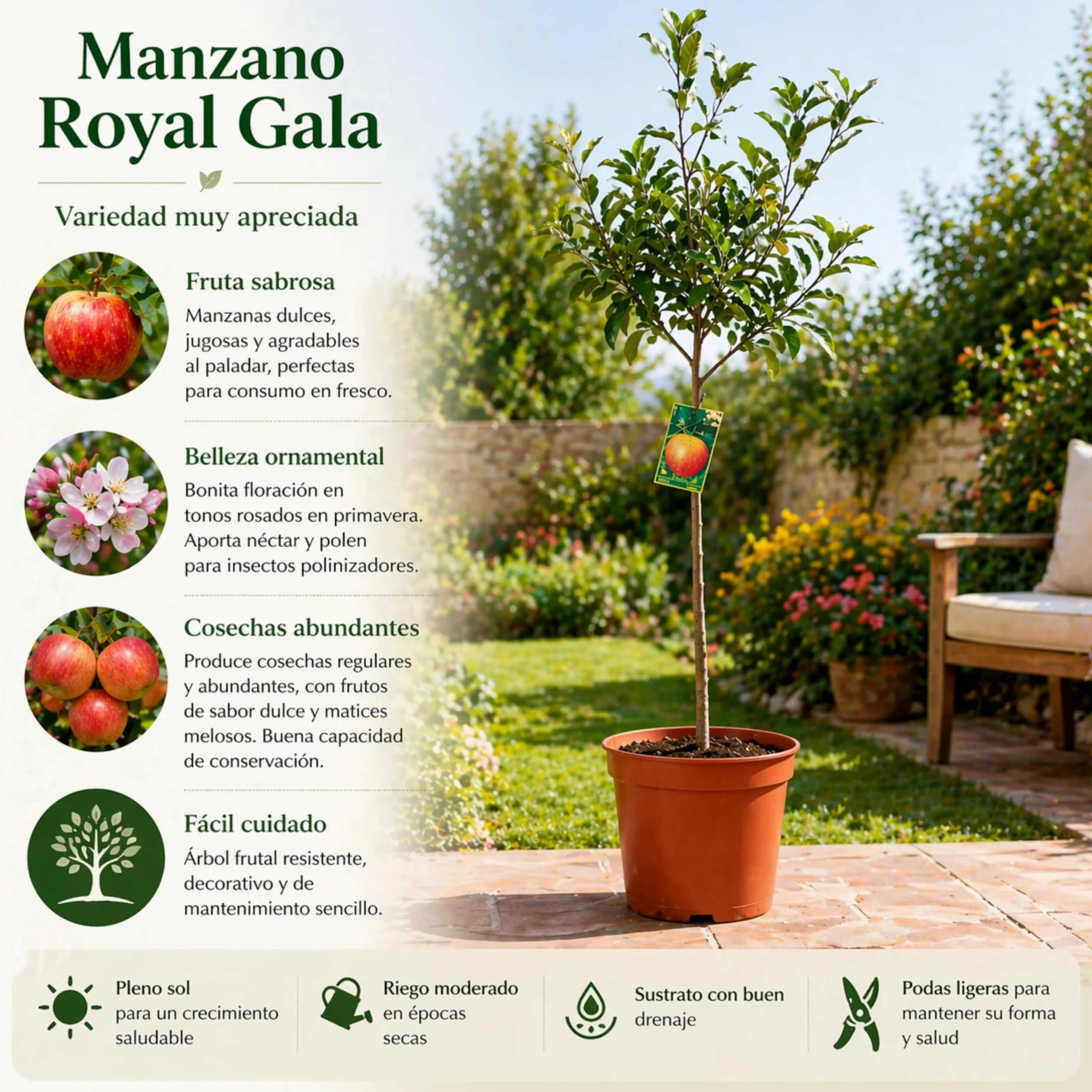 Manzano Royal Gala Planta Natural en Maceta 140 cm de altura, Árbol Frutal Exterior con Manzanas Dulces Árbol Natural para Jardín Terraza Huerto Fácil Cultivo. Manzano