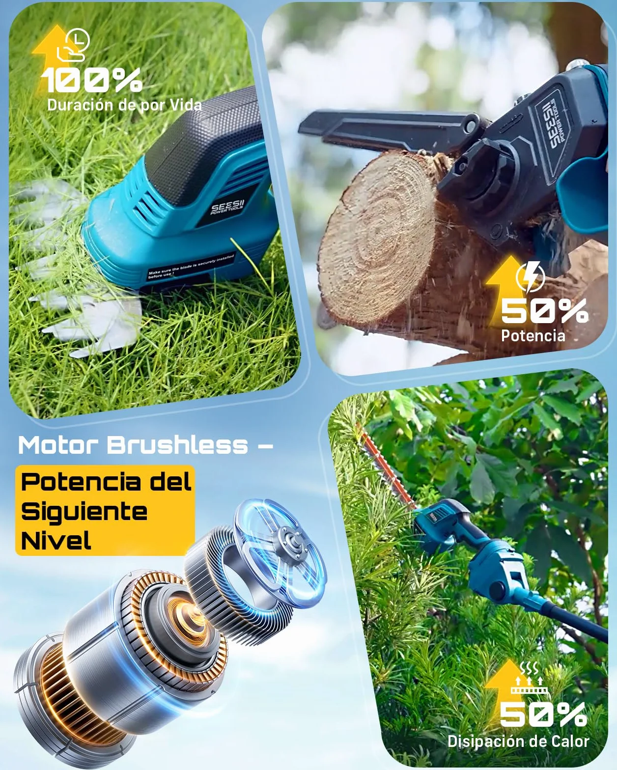 SEESII 6-en-1 Mini Motosierra y Cortasetos a Batería, con 2 * 4000mAh Baterías, Motosierra Electrica con Pértiga Telescópica, Alcance Máximo de hasta 4,57 m, con 30 ml Tanque de Aceite