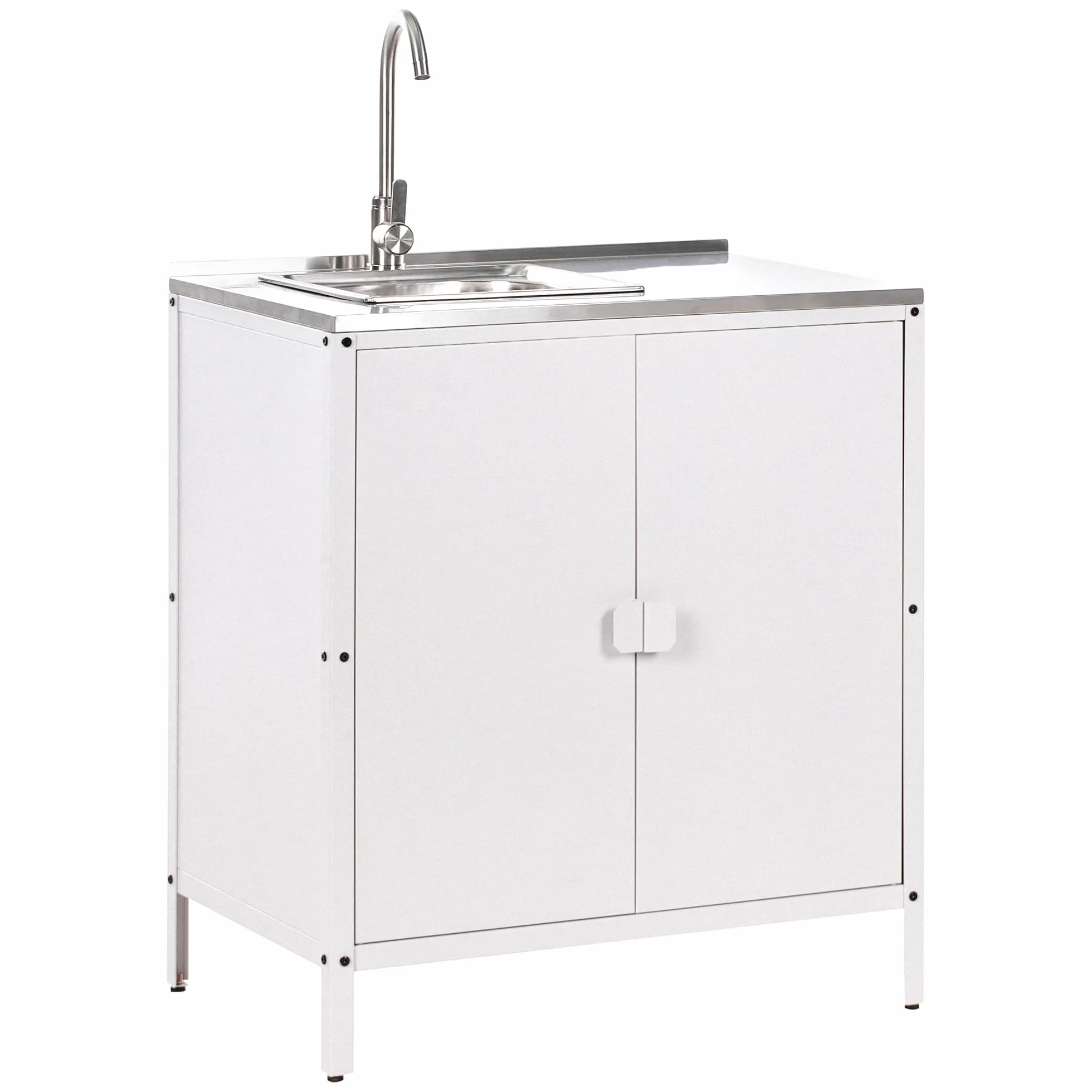 Beliani Conjunto de Cocina 2 Piezas de Exterior Acero Inoxidable Isla de Cocina y Armario con Fregadero Monomando Blanco Vilama
