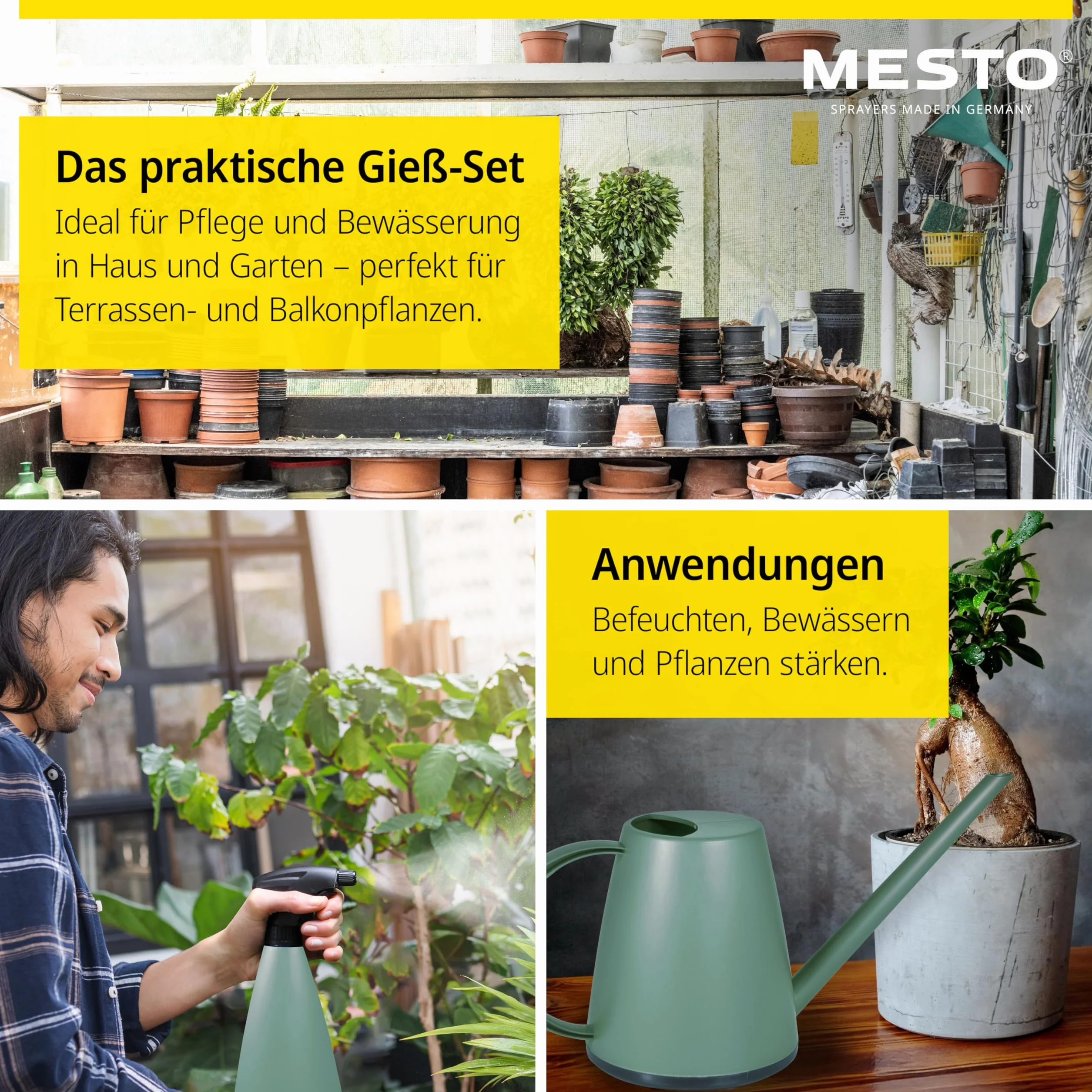 Mesto Lucky Forest - Regadera de 1 L, Incluye atomizador de Mano Mini Forest de 0,79 l, Botella de Spray y regadera para Plantas de Interior y jardín, riego y Cuidado de Plantas, Boquilla Ajustable