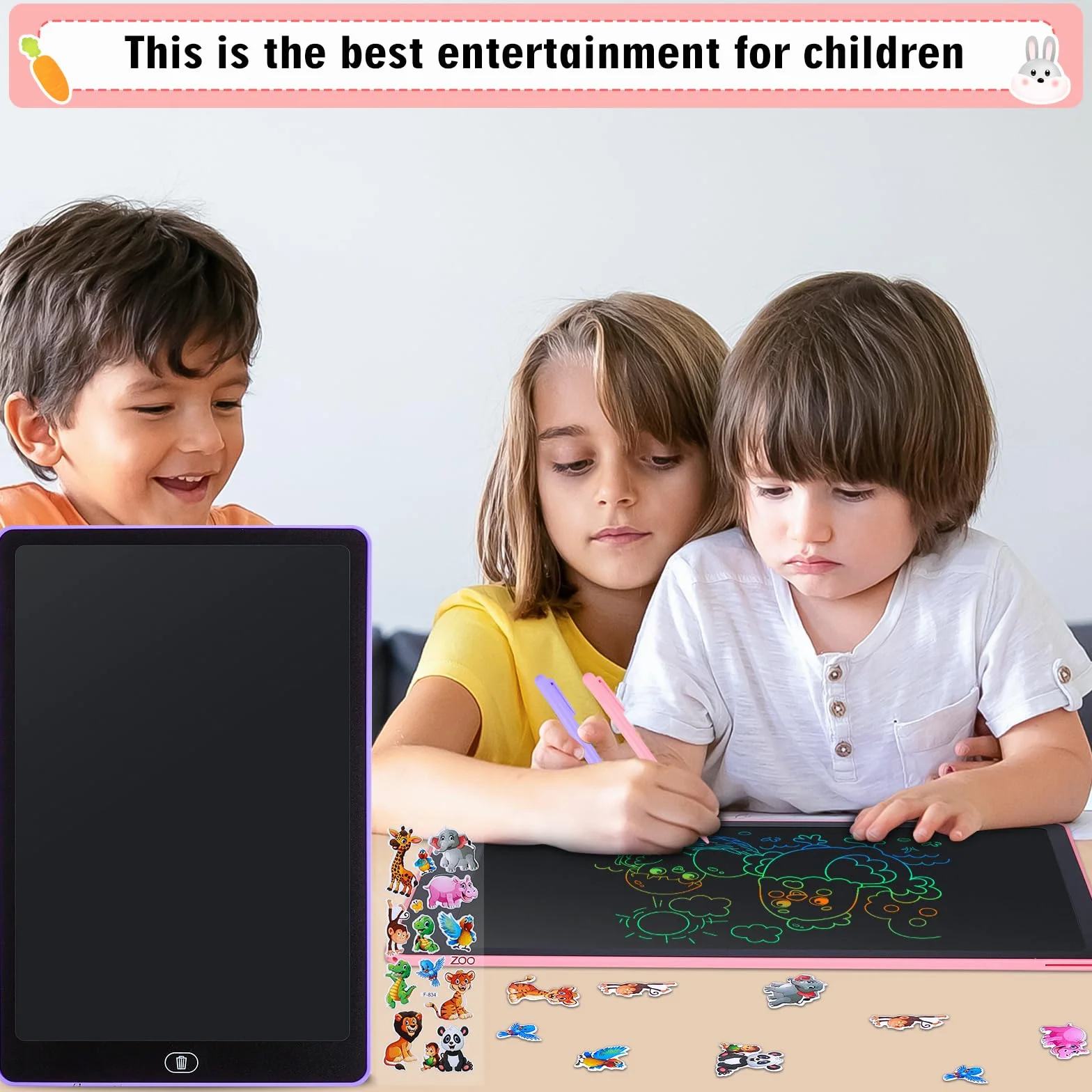 Tableta de Escritura LCD 16 Pulgadas con Pantalla Colorida, Cuaderno Borrable para Niños, Rosa y Púrpura