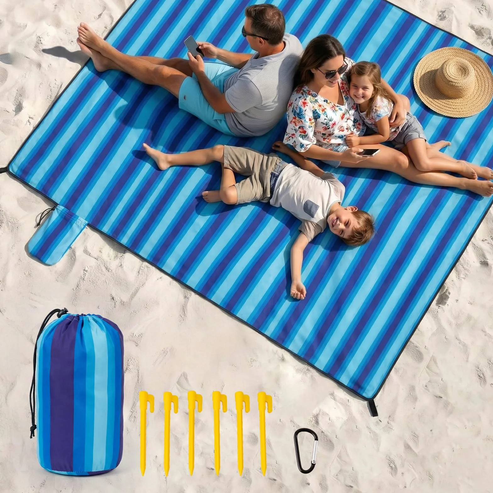 Manta de Picnic Impermeable 213 x 213 cm, Manta de Playa sin Arena, Manta Picnic con 4 piquetas y mosquetones, para Familia, jardín, Senderismo, Rayas Azules