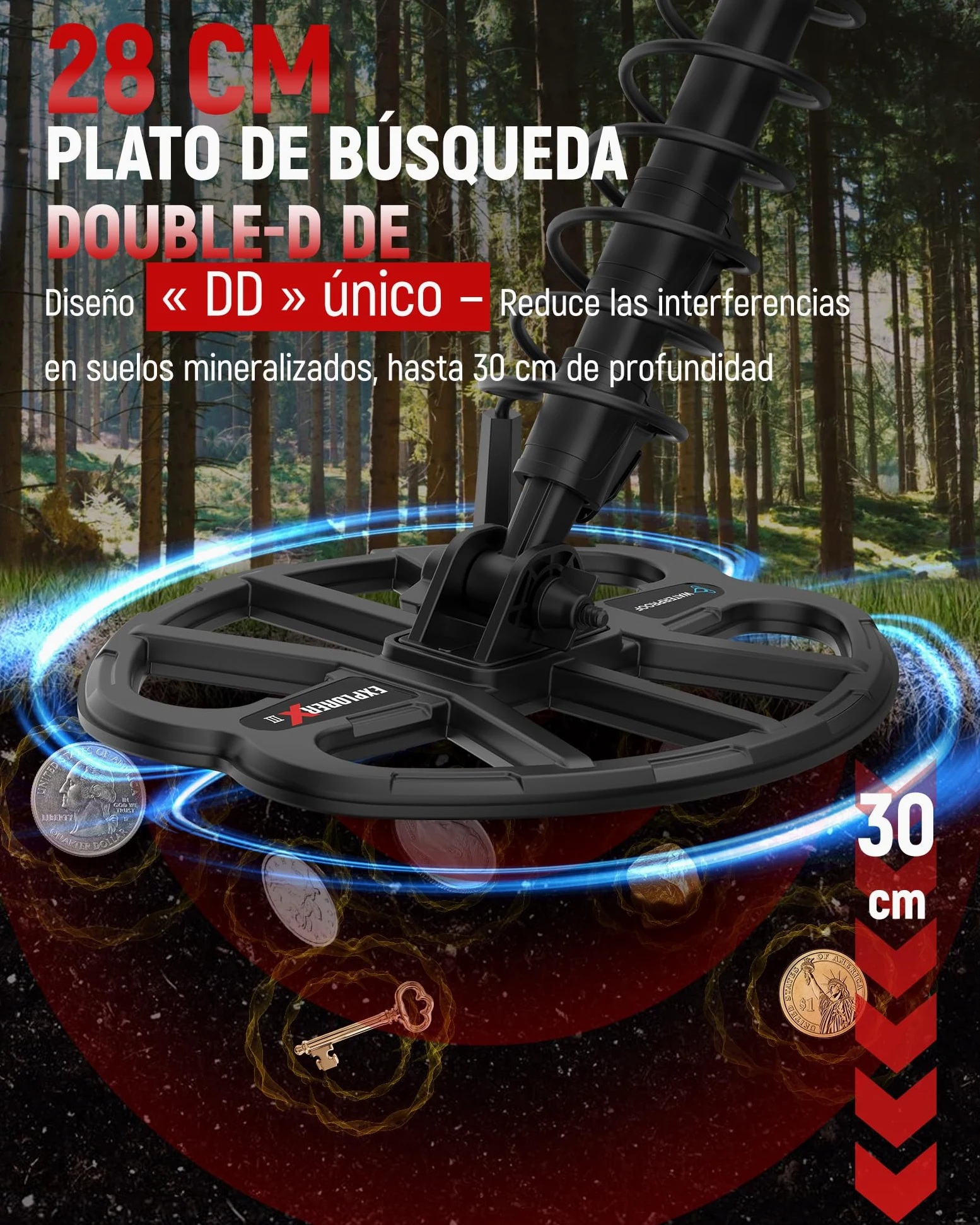 KAIWEETS Detector de metales profesional con batería, bobina doble D impermeable hasta 30 cm de profundidad, 5 modos, detector de metales, chip DSP, HD LCD con retroiluminación, juego de detector de