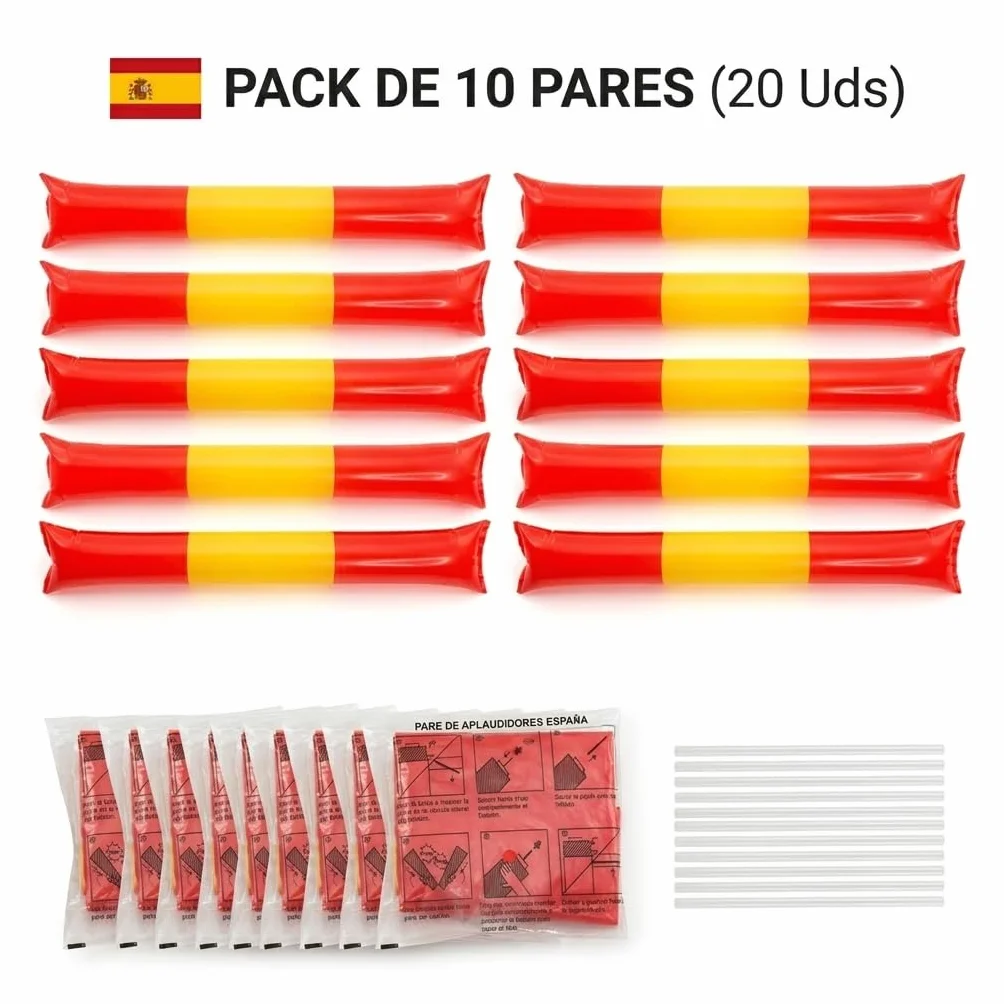 Pack de 10 Pares Aplaudidores Inflables España Mundial Palos de Animación Hinchables Ruidosos para Fútbol Fiestas Bastones Reutilizables LDPE