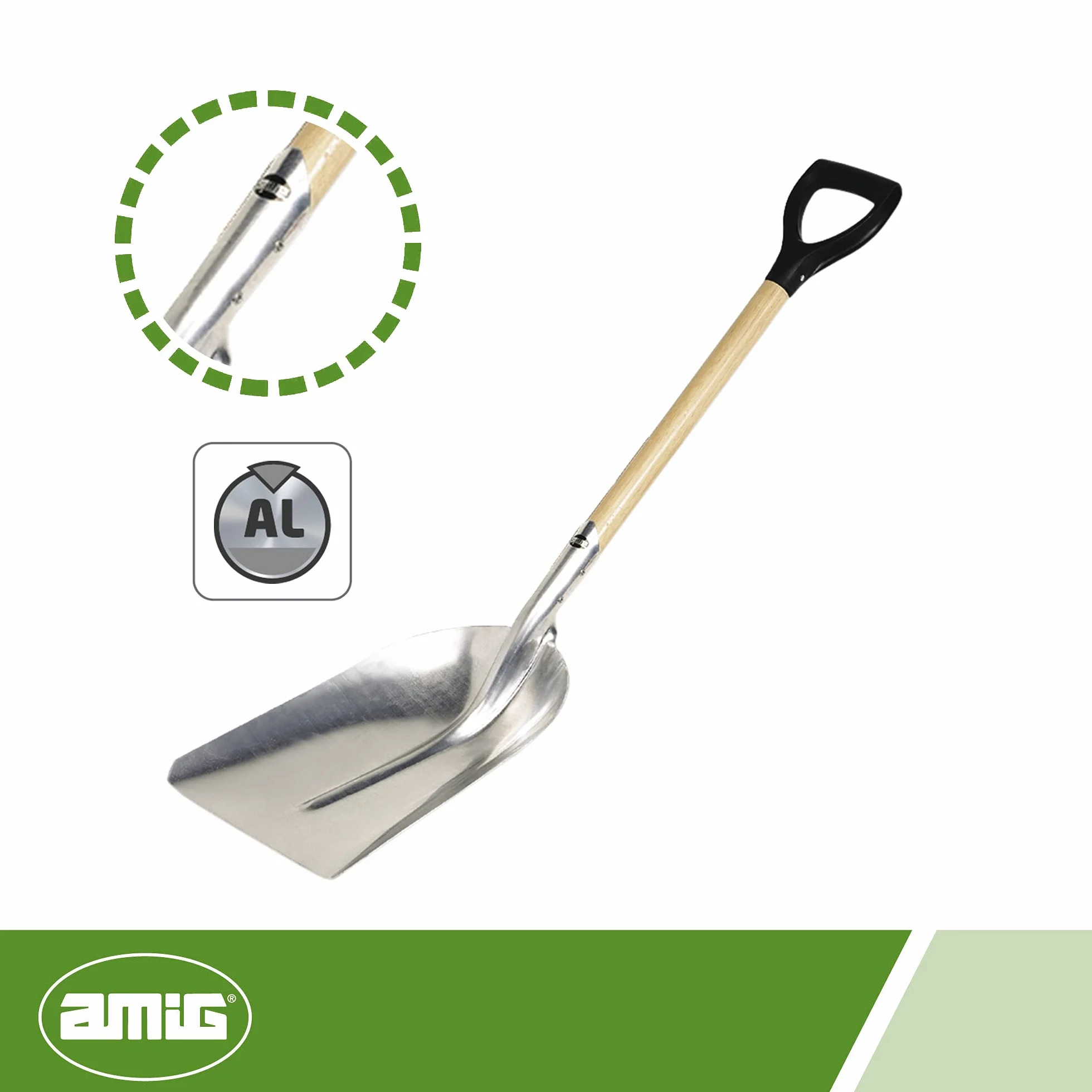 Amig - Pala de Aluminio Cuadrada con Mango de Madera Ergonómico Especial Quitanieve y para Mover y Recoger Hojarasca o Grava - 110 cm, Ligera y Resistente para Uso Doméstico o Profesional, Gris