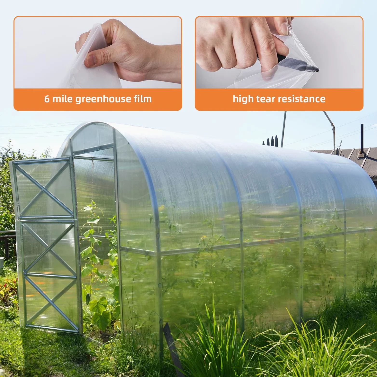 Lámina de plástico para Invernadero de 25 x 40 pies, película de Polietileno Transparente de 6 mm de Grosor, Resistente a los Rayos UV, Cubierta de plástico para Agricultura y jardinería