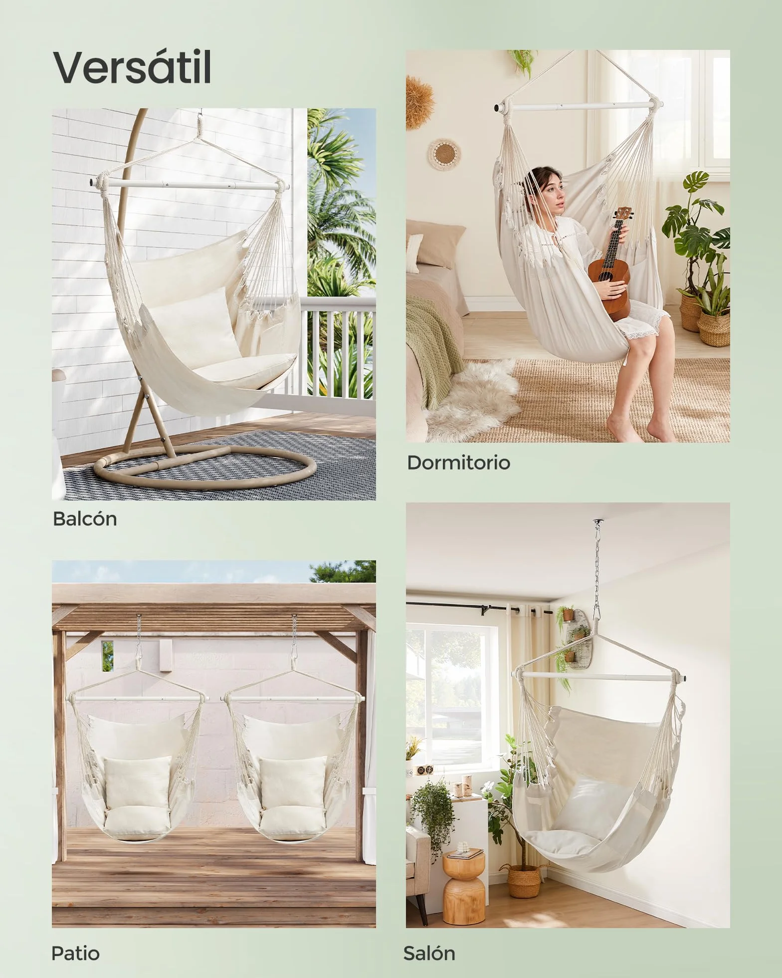 SONGMICS Silla Hamaca, Silla Colgante Grande con 2 Cojines, Silla Colgante con Cadena, Capacidad de Carga 150 kg, para Interior, Exterior, Salón, Dormitorio, Blanco Crema GDC197M01