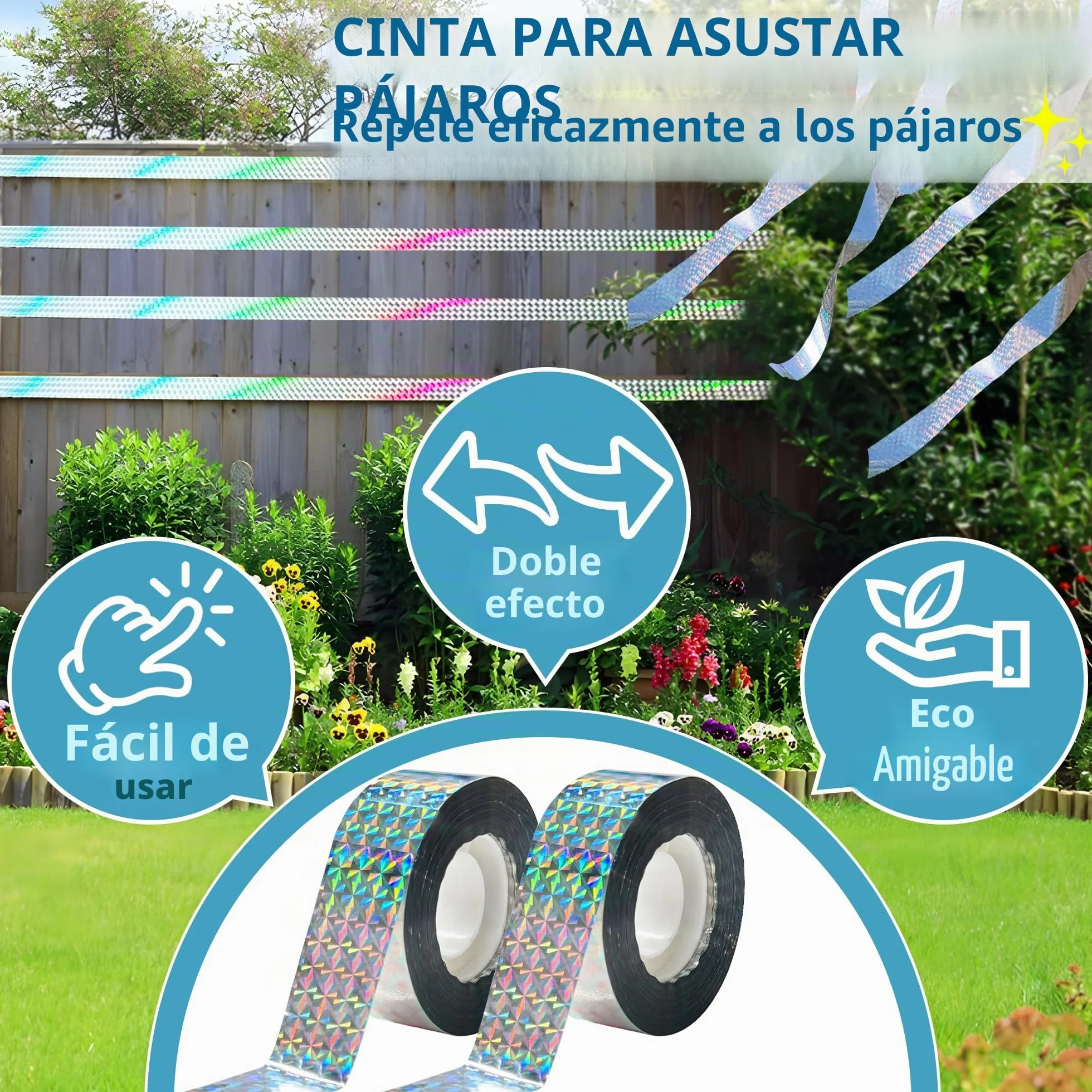 Cintas para Espantar Pájaros 80 m de Cinta Reflejante para Aves, Dispositivo para Asustar Pájaros Cinta de Doble Cara para Asustar a los Pájaros para Casa, Jardín, Patio, Huerto, Exterior