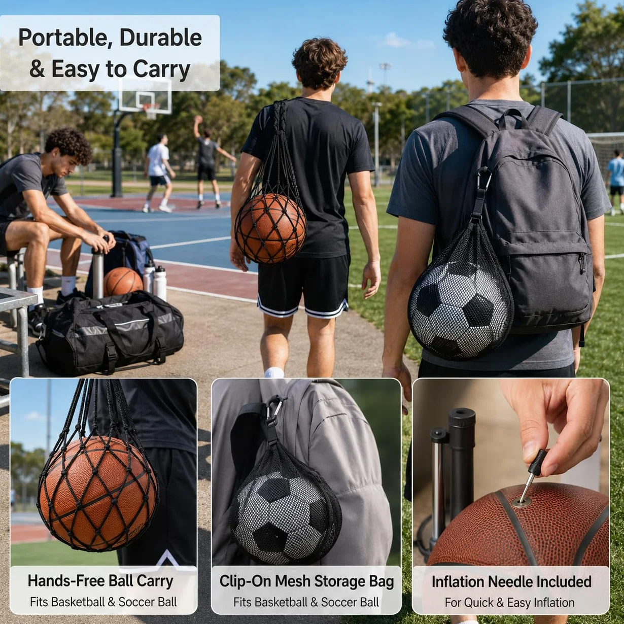 Bolsas de Red para Balones con Cordón y Gancho, Mochilas Portátiles para Baloncesto, Fútbol, Voleibol y Rugby, con Aguja de Inflado