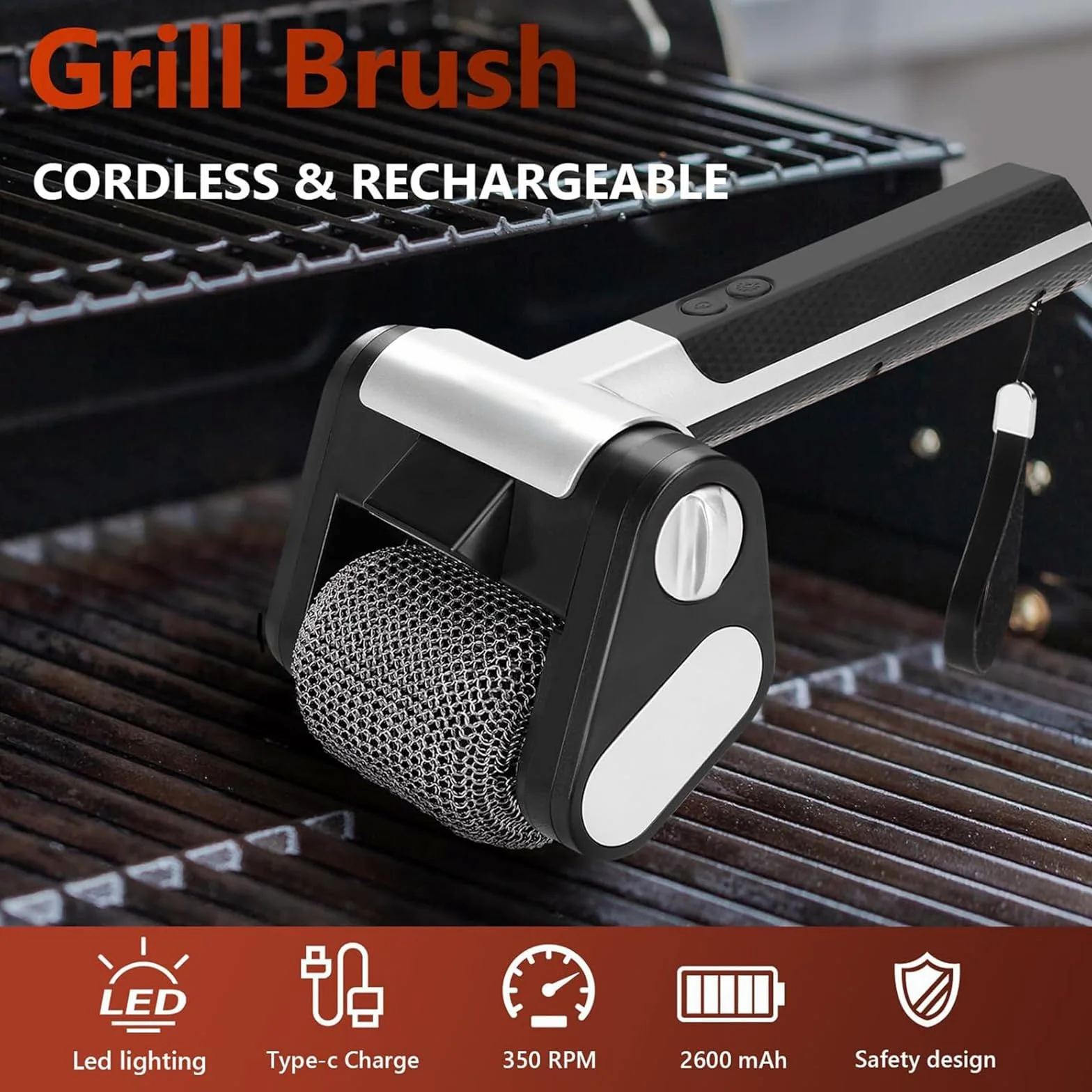 Limpiador eléctrico de parrilla, cepillo recargable para barbacoa con rodillo de acero inoxidable de 350 RPM y luz LED, herramienta sin cerdas para una limpieza eficiente de barbacoas y parrillas