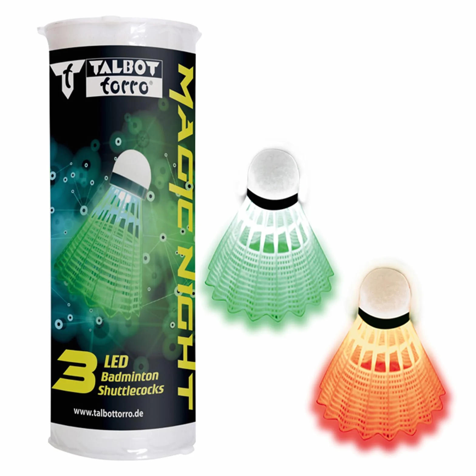 Talbot Torro Volantes de Bádminton Magic Night LED 3 Pelotas con Plumas de Plástico Brillan en la Oscuridad Interior y Exterior