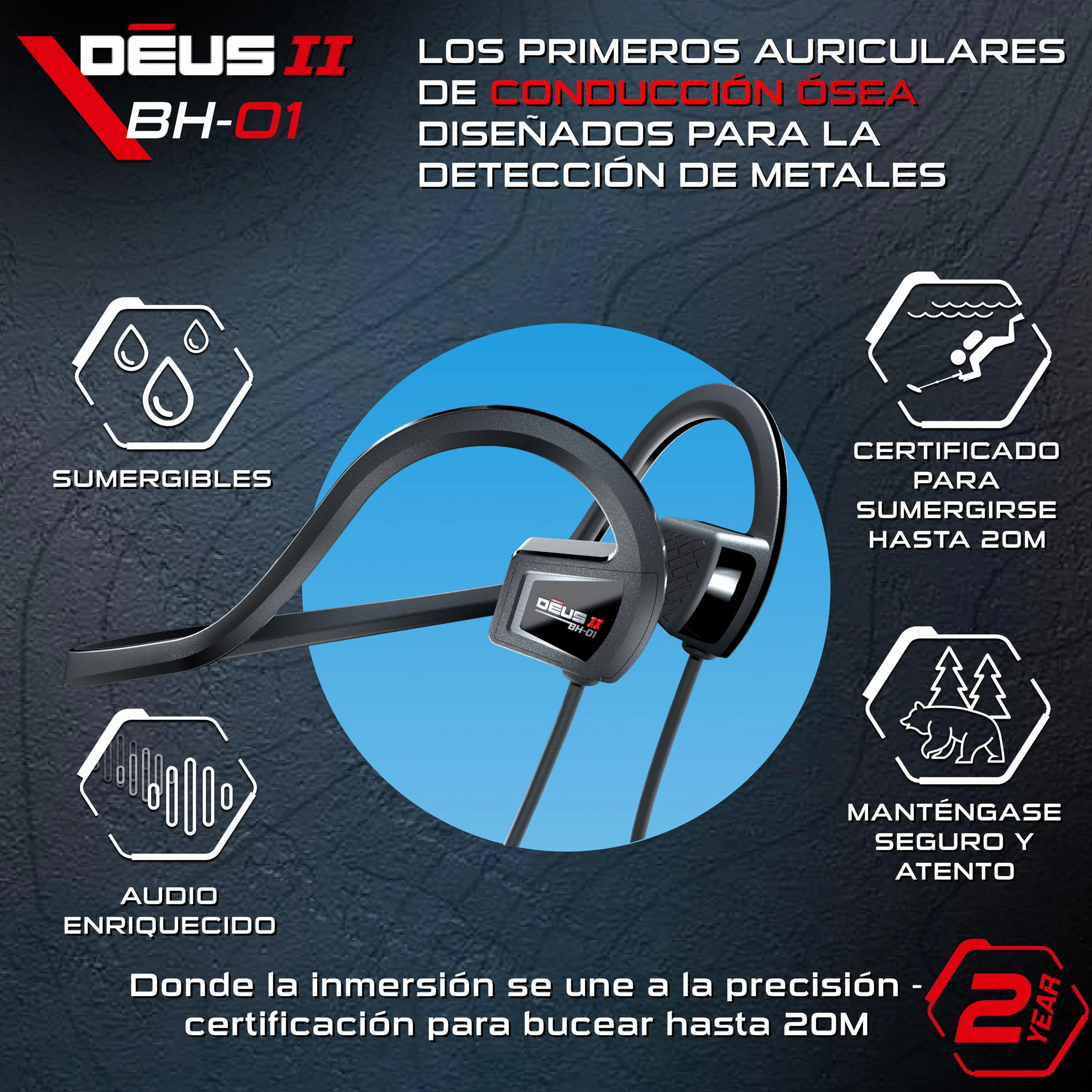 XP METAL DETECTORS BH-01, casco de conducción ósea con cable, diseñado para Le Deus II - Casco impermeable para detección de metales submarinos de hasta 20 m - certificado IP68