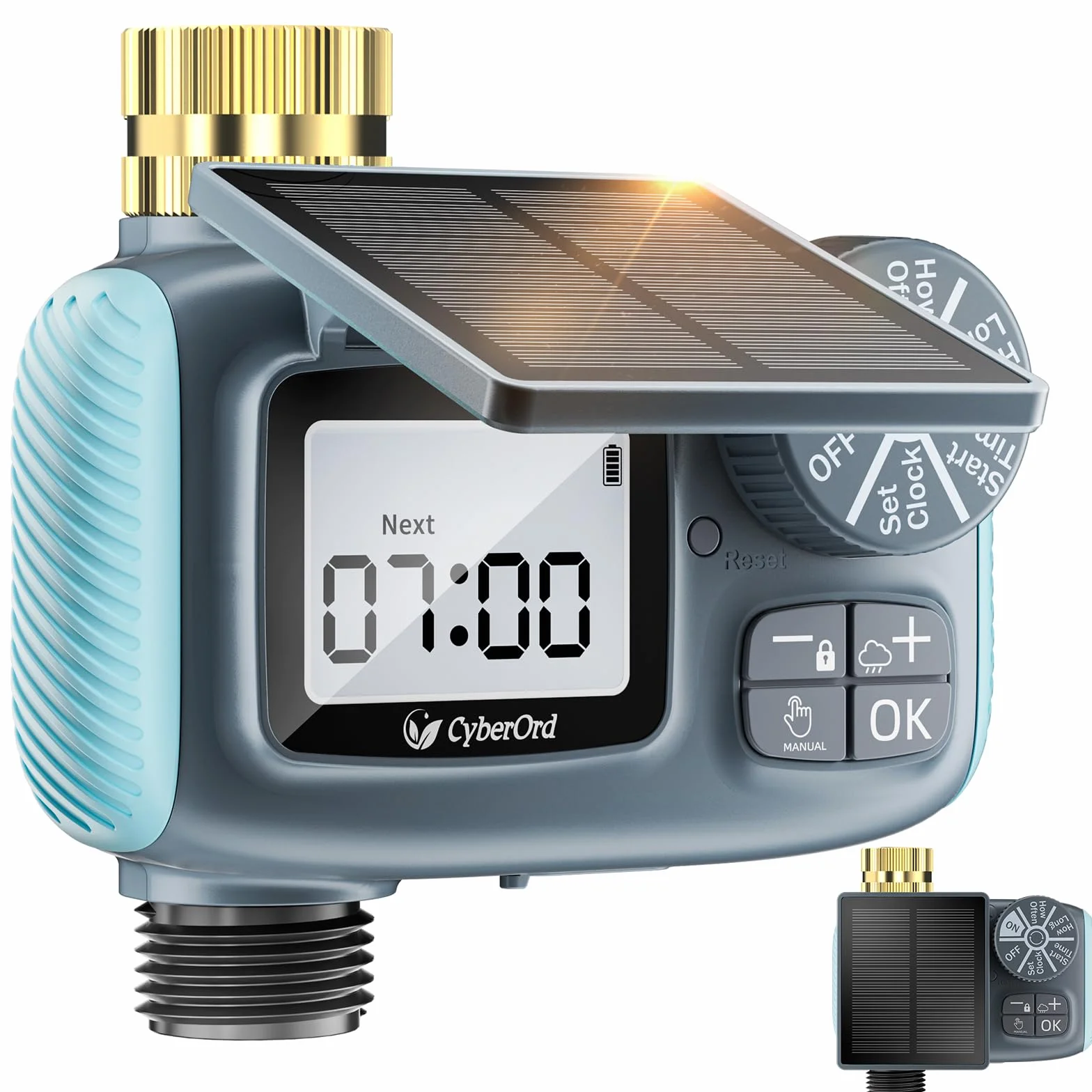 Programador Riego Solar, 3/4” Entrada de Latón Ecológico Temporizador Automático para Jardín Temporizador de Riego con Retraso por Lluvia/Riego Manual Control de Riego para Césped y Macetas