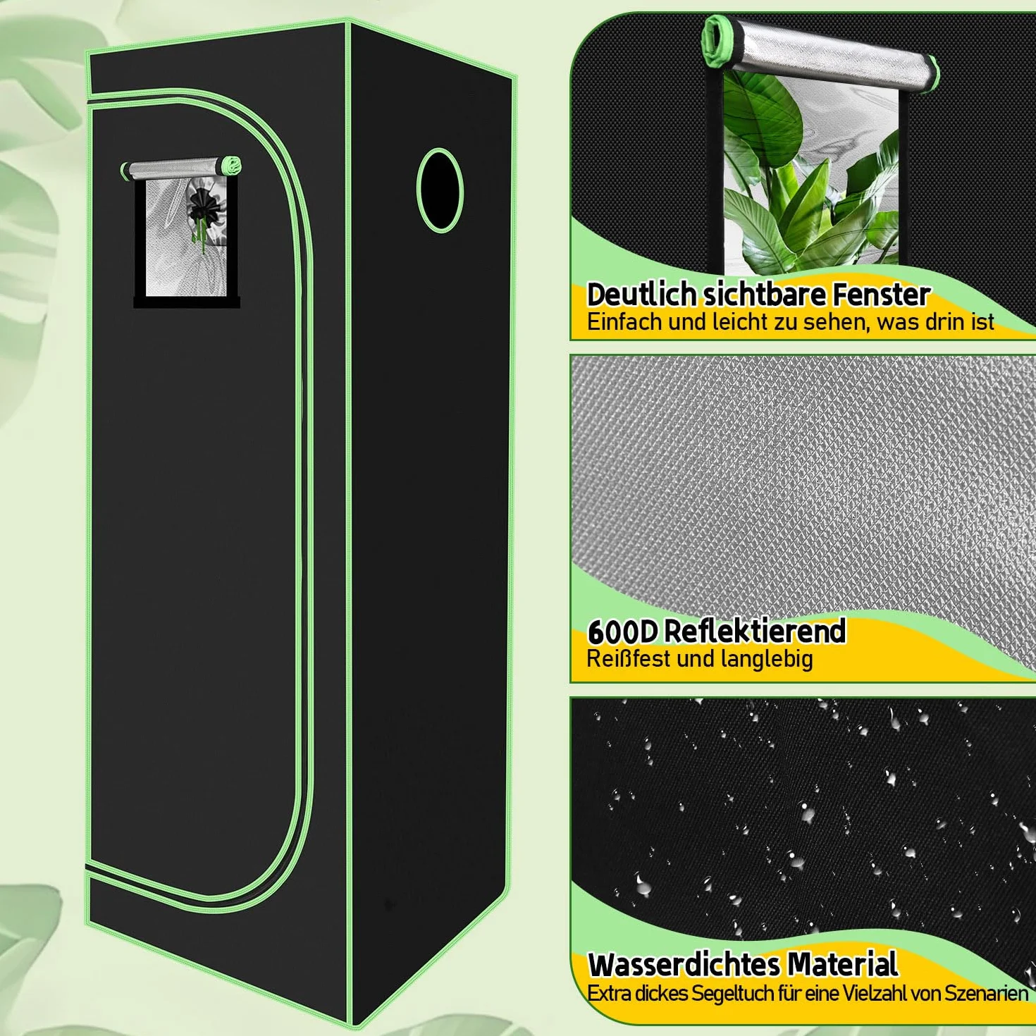 Tienda de cultivo 60x60x180 cm, 600D Oxford con ventana, resistente a la luz y al agua, armario interior