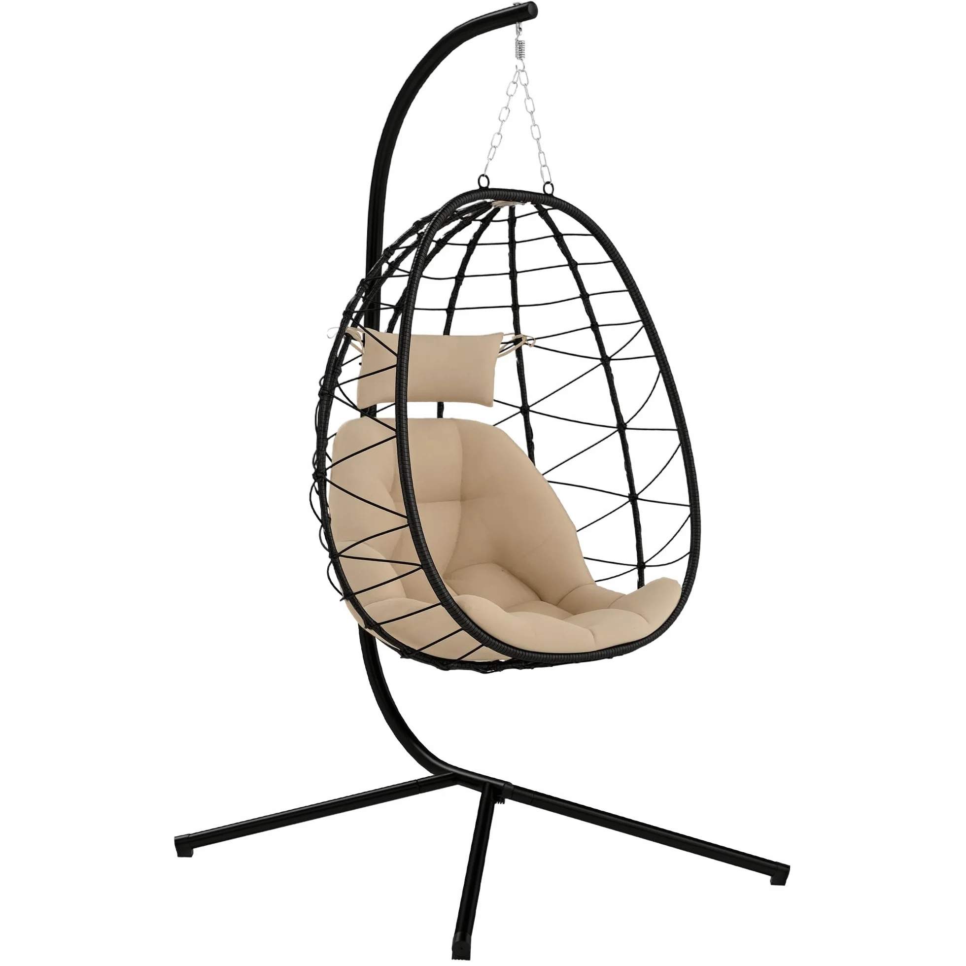 Outsunny Silla Colgante Huevo con Soporte Columpio Jardín Exterior con Cesta Plegable Cojín y Reposacabezas Columpio Colgante para Interior y Exterior Carga 120 kg Caqui