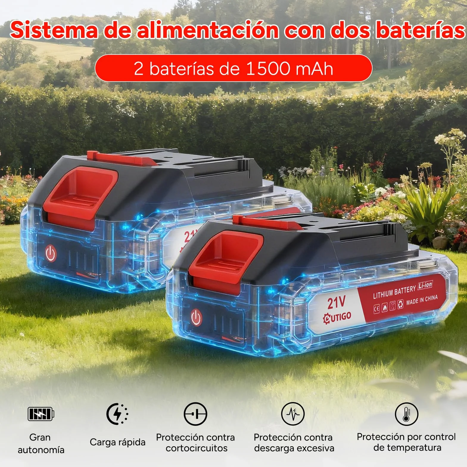 OUTIGO Cortadora de césped eléctrica inalámbrica, desbrozadora inalámbrica con 2 baterías y 4 Cuchillas, Recortar Malas Hierbas, césped Exterior y Ramas pequeñas, Decespugliatore Elettrico