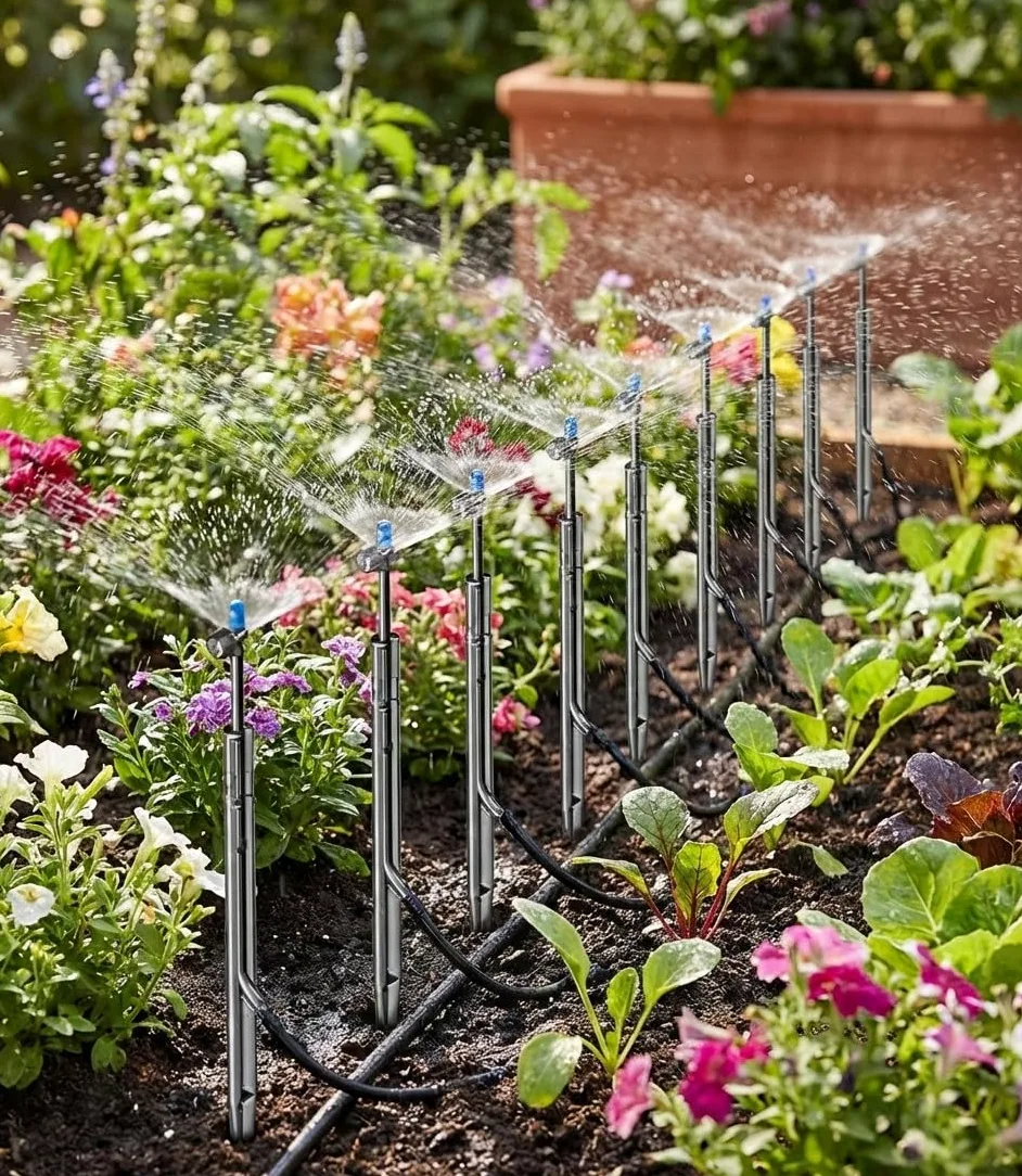 Suinga Microaspersor de Riego Circular 360º Ajustable con Estaca y Microtubo 31 cm | Pack 10 Aspersores de Riego para Jardin | Aspersor de Riego para Plantas y Arriates