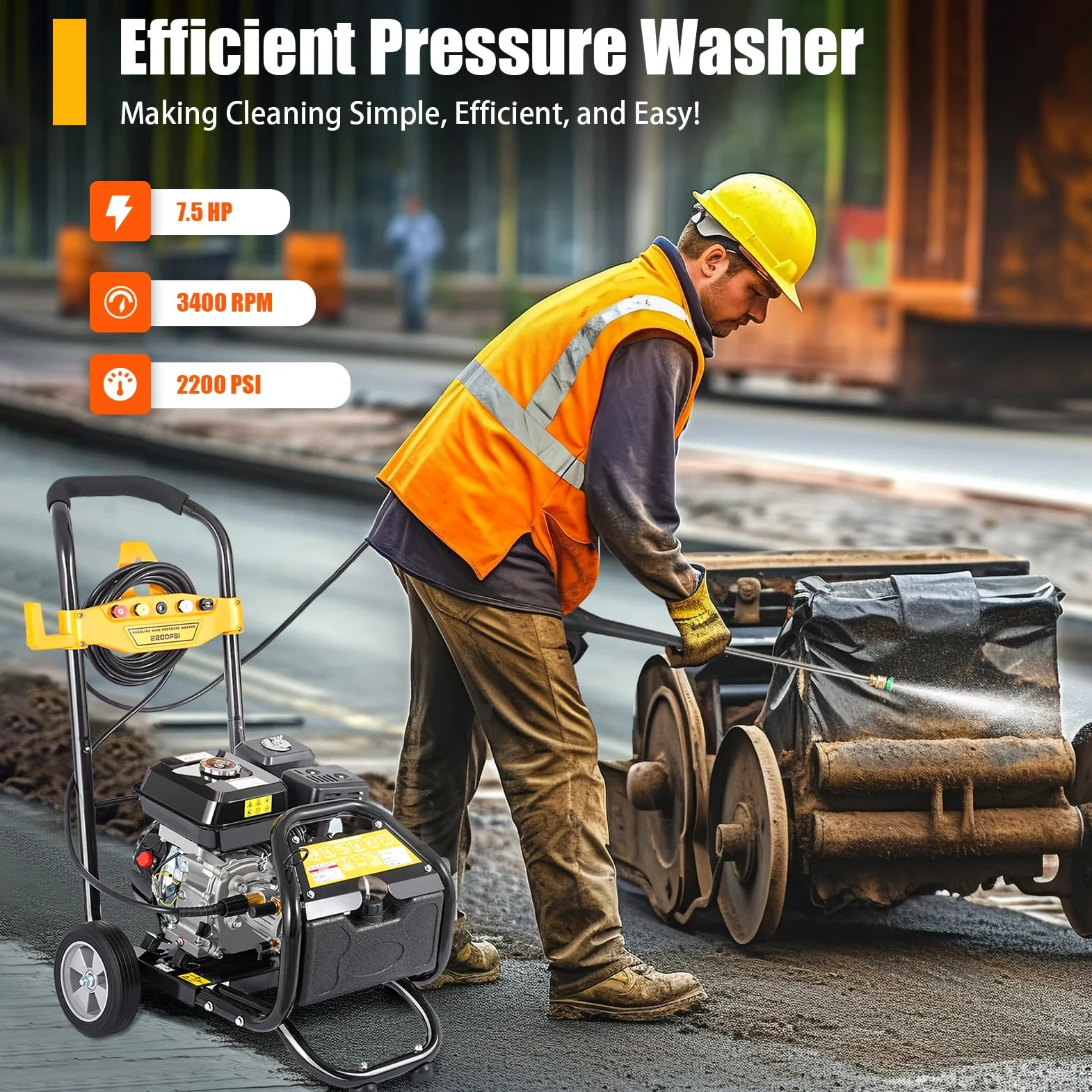 Limpiador de alta presión de gasolina de 2200 PSI Pressure Washer, 7,5 CV 3400 rpm, limpiador de alta presión con manguera de 8 m + 5 boquillas, autocebante + conector de grifo, para coche, patio o