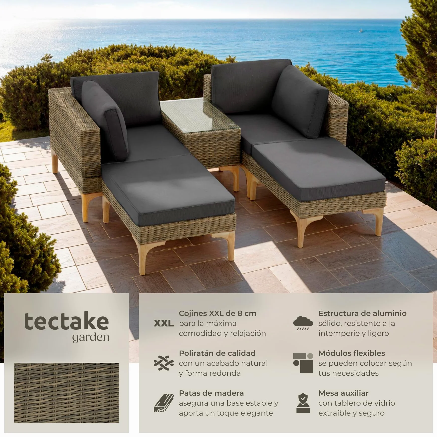 TecTake® Conjunto Jardín en Ratán y Aluminio con Cojines, Conjunto Terraza Resistente a la Intemperie, Muebles Jardín Exterior 2 Sillones, 2 Taburetes, 1 Mesa con Cristal, Fundas Extraíbles - Natural