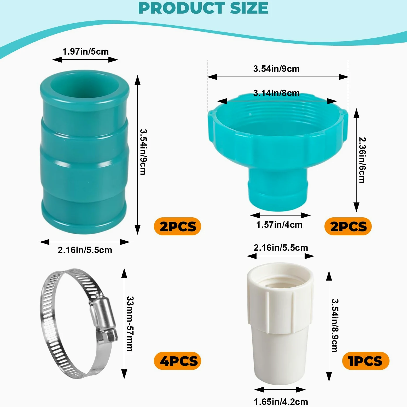 Juego de 2 adaptadores de manguera de vacío para piscina, adaptador de manguera de skimmer de piscina, conector B con puños y abrazaderas de manguera de piscina de 1-1/2 pulgadas, adaptador de