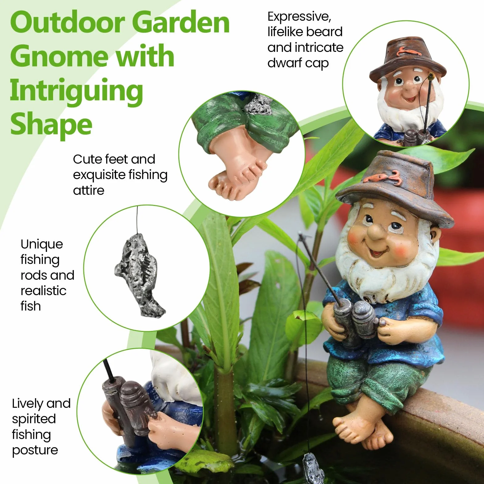 Figura de Gnomo de Jardín, Figura de Resina para Pescar, Resistente a La Intemperie, Ideal para Estanques Pequeños y Exteriores Pescadores (10 X 7 X 4,5 Cm)