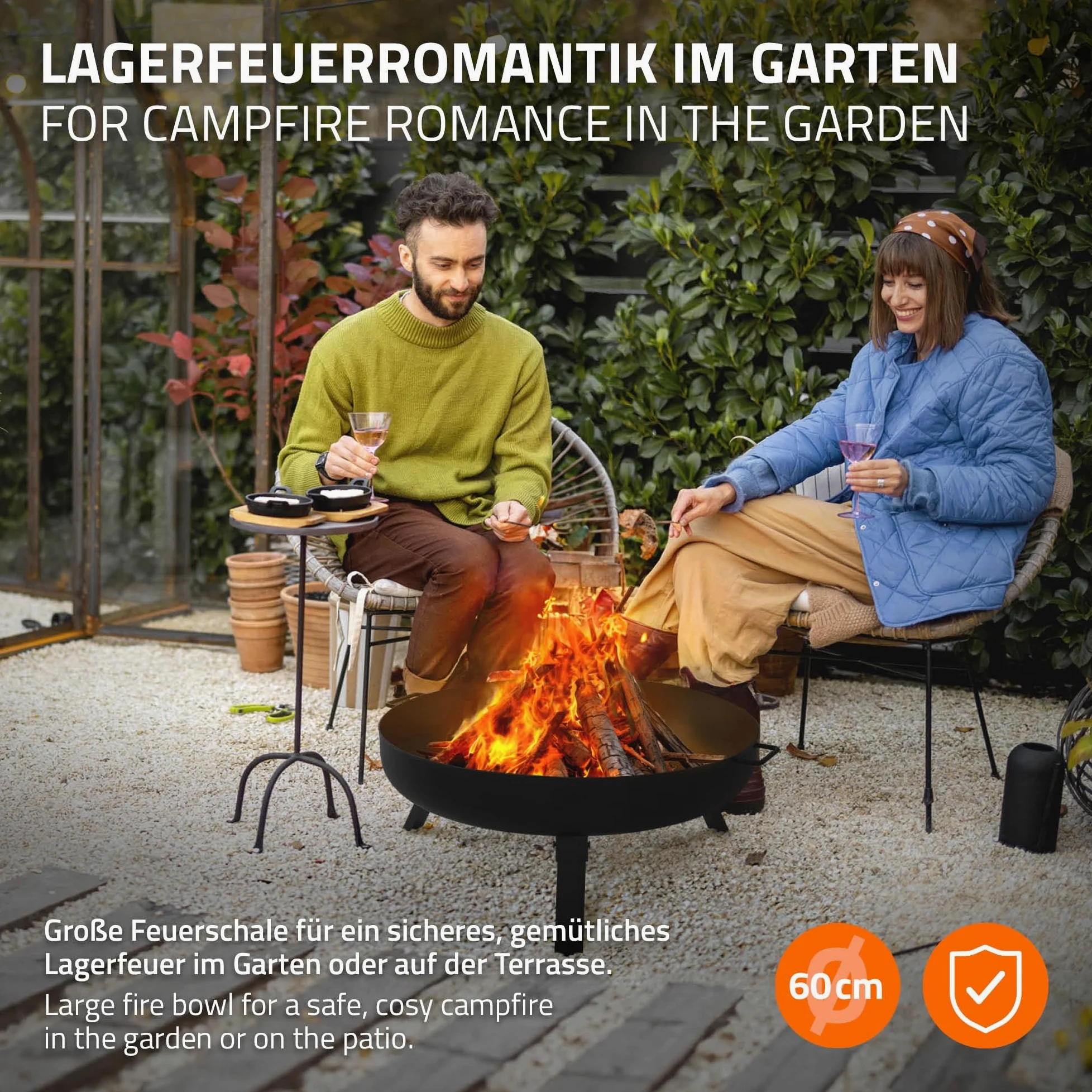 ECD Germany Cuenco de Fuego 60 x 27 cm Brasero Exterior Redondo de Acero con 3 Patas Plegables y Asas de Transporte, Fire Bowl Negro con 2 Agujeros de Drenaje Ideal para Barbacoas de Jardín o Camping