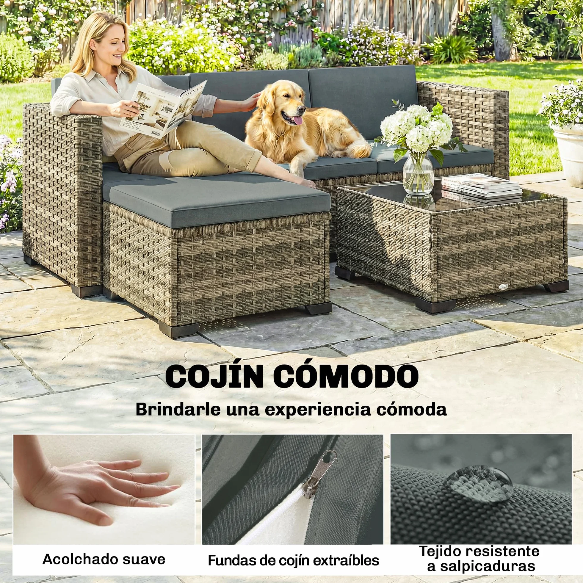 Outsunny Conjunto de Jardín de Ratán de 5 Piezas, Conjunto Terraza Resistente, Muebles Jardín Exterior Incluye Cojines, 2 Sillones de Esquina, Sillón sin Brazos, Reposapiés y Mesa Centro, Gris Oscuro