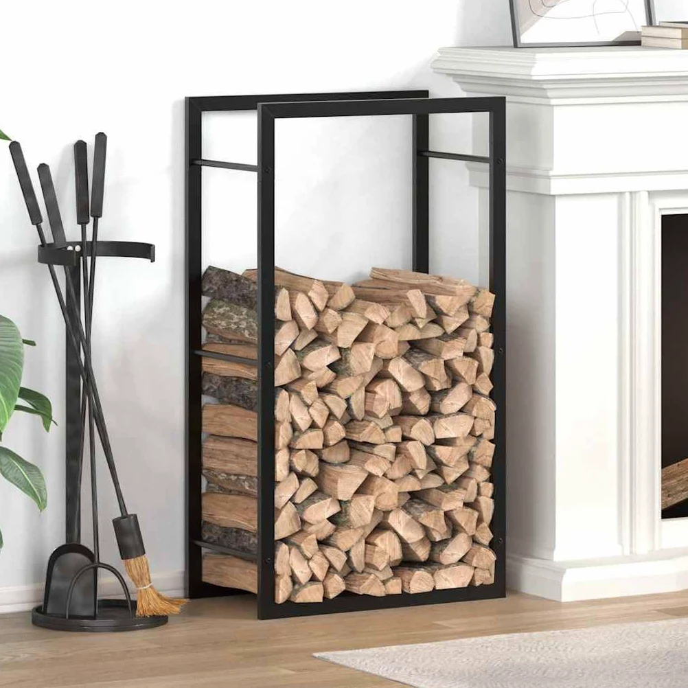 Estantería para leña de acero negro mate, 50 x 28 x 94 cm, para interior y exterior, soporte para leña con mucho espacio y soporte de madera resistente a la intemperie para chimenea, horno y