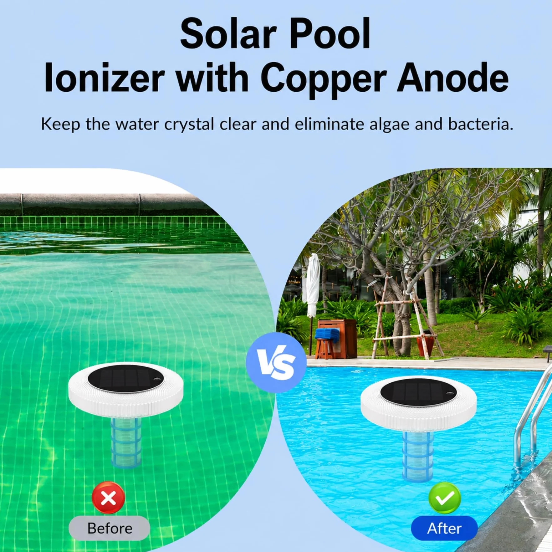 sylvwin Ionizador de piscina solar con ánodos de cobre, purificador de agua flotante con ánodo de cobre para piscinas, iluminación solar de piscina, luces solares RGB, purificador de agua para
