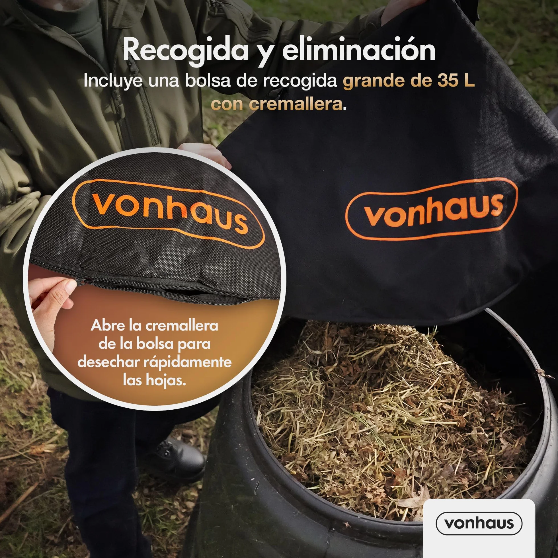 VonHaus Soplador Aspirador de Hojas Ligero de 3000W – Sopladora Aspiradora de Hojas de Jardín, Patio, Canalones, Caminos y Más, Correa de Hombro, Ruedas, Bolsa de Recogida de 35L 10:1 (Negro)