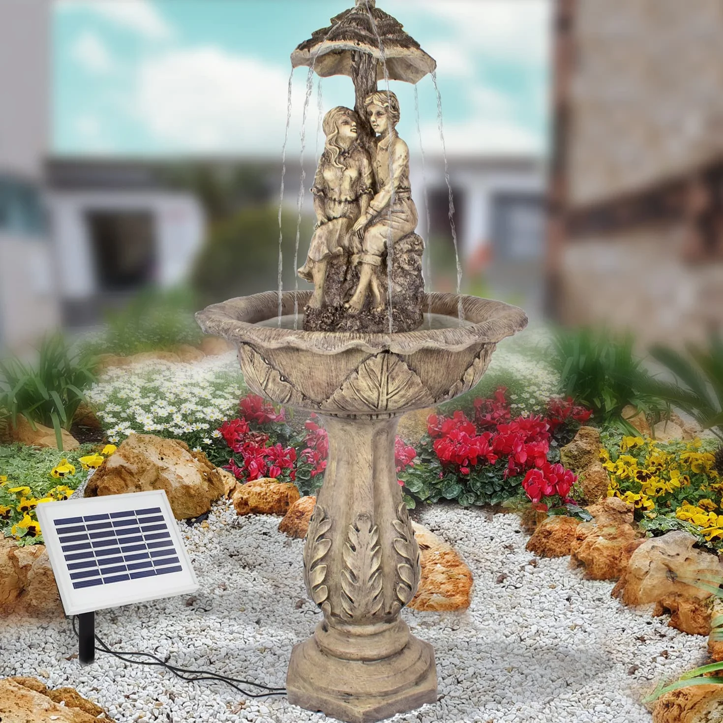 Fuente Solar Fuente Jardin con Forma de Cascada para terraza, balcón, con función de Encendido instantáneo con batería de Iones de Litio y luz LED, Batería de Ion de Litio