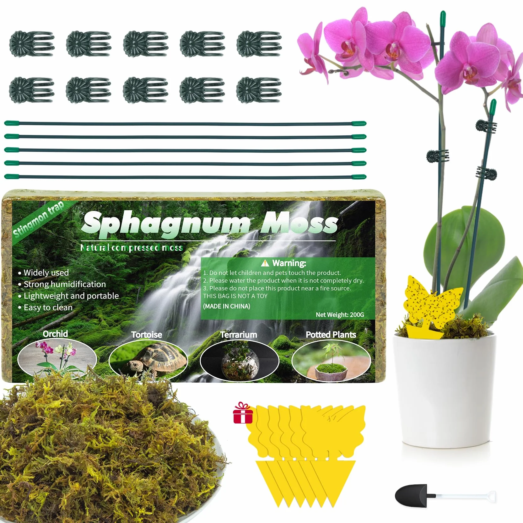 200g Musgo Sphagnum Orquideas, Sphagnum Moss para Plantas, Musgo Sustrato Orquideas con 5 Tutores para Plantas 10 Pinzas de Plantas 6 Trampas Moscas y 1 Paletas para Orquídeas Bonsai Jardín