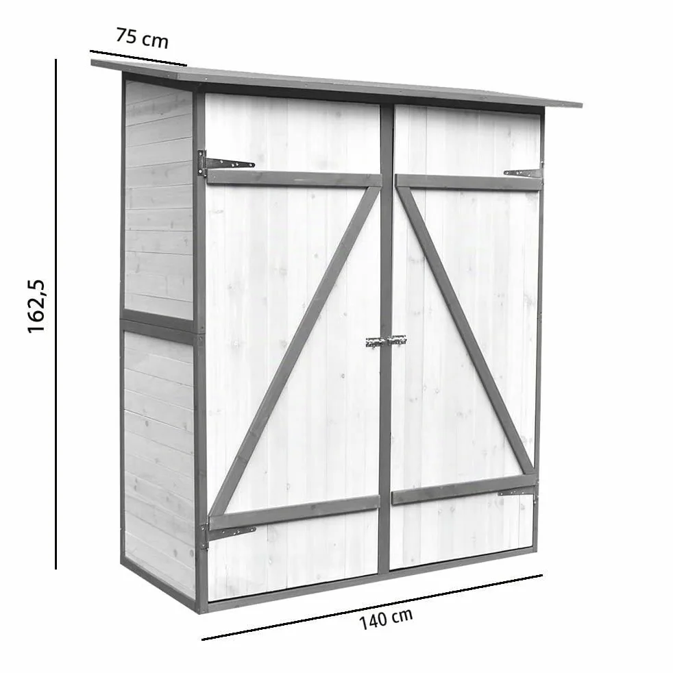 Melko Armario de jardín con techo reprimido y puerta de doble hoja blanco/gris, cobertizo de madera 162 x 140 x 75 cm, incluye estante