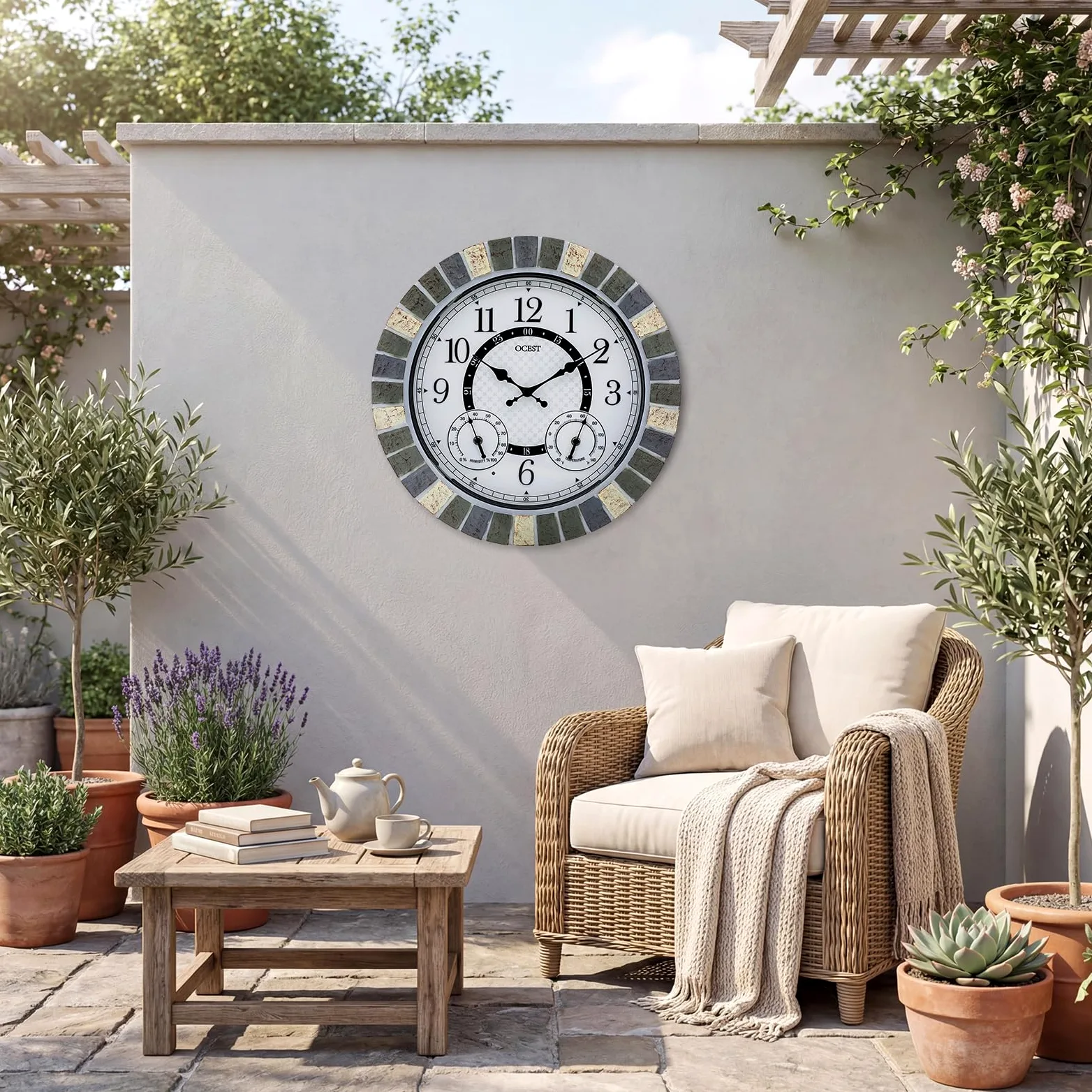 OCEST 18-pulgadas reloj exterior impermeable termómetro higrómetro luz nocturna silencioso sin tictac