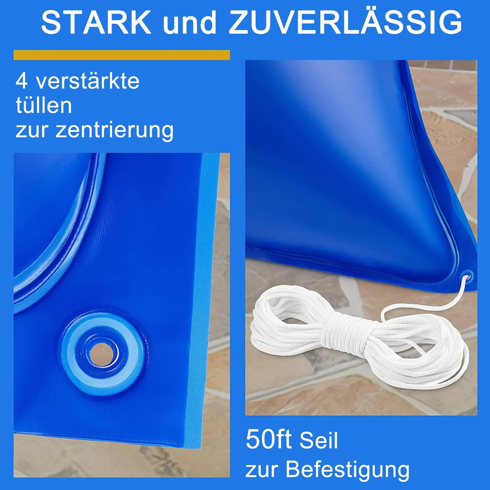 Cojín de aire para piscina de invierno de 120 x 120 cm, 2 unidades, cojín de aire para piscina con 4 ojales y cuerda resistente al cloro de 150 cm, 0,3 mm de espesor, cojín de aire para