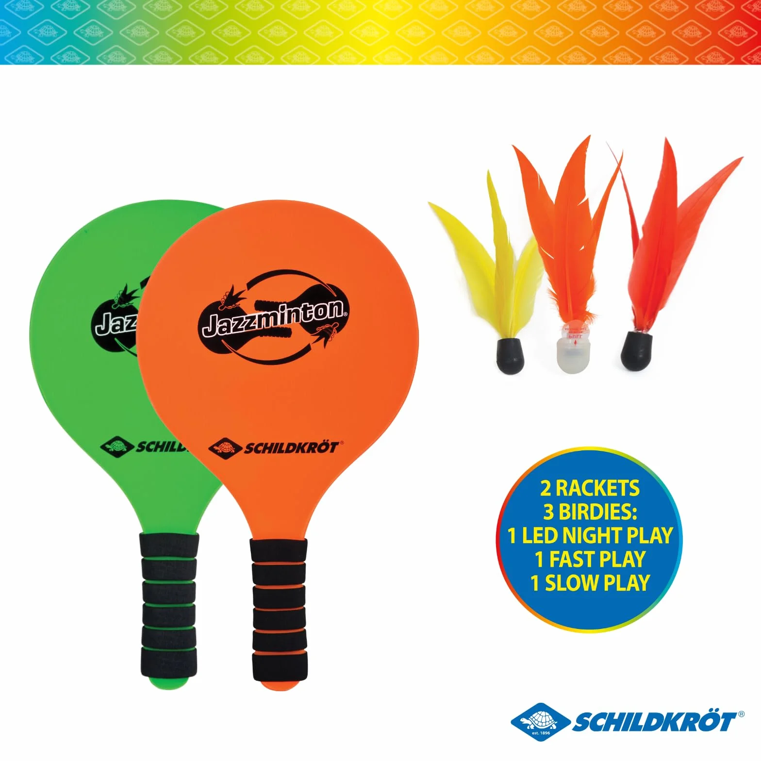 Schildkröt Jazzminton Set, 2 Raquetas, 3 Birdies, Pelota LED para Jugar de Noche, Juego de Raquetas de Playa