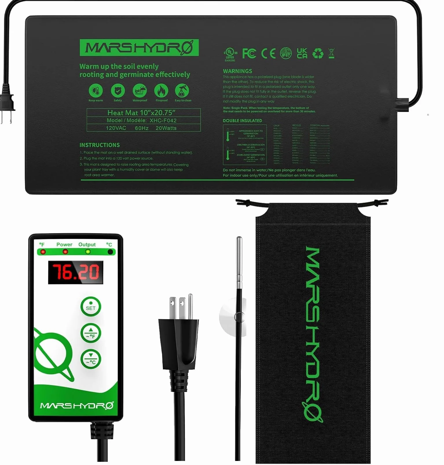 MARS HYDRO Estera térmica con termostato digital, 25,4 cm x 50,8 cm (20 pulgadas) de germinación estera, IP67 impermeable, fácil de limpiar, para hidropónico cálido, clón, reptil
