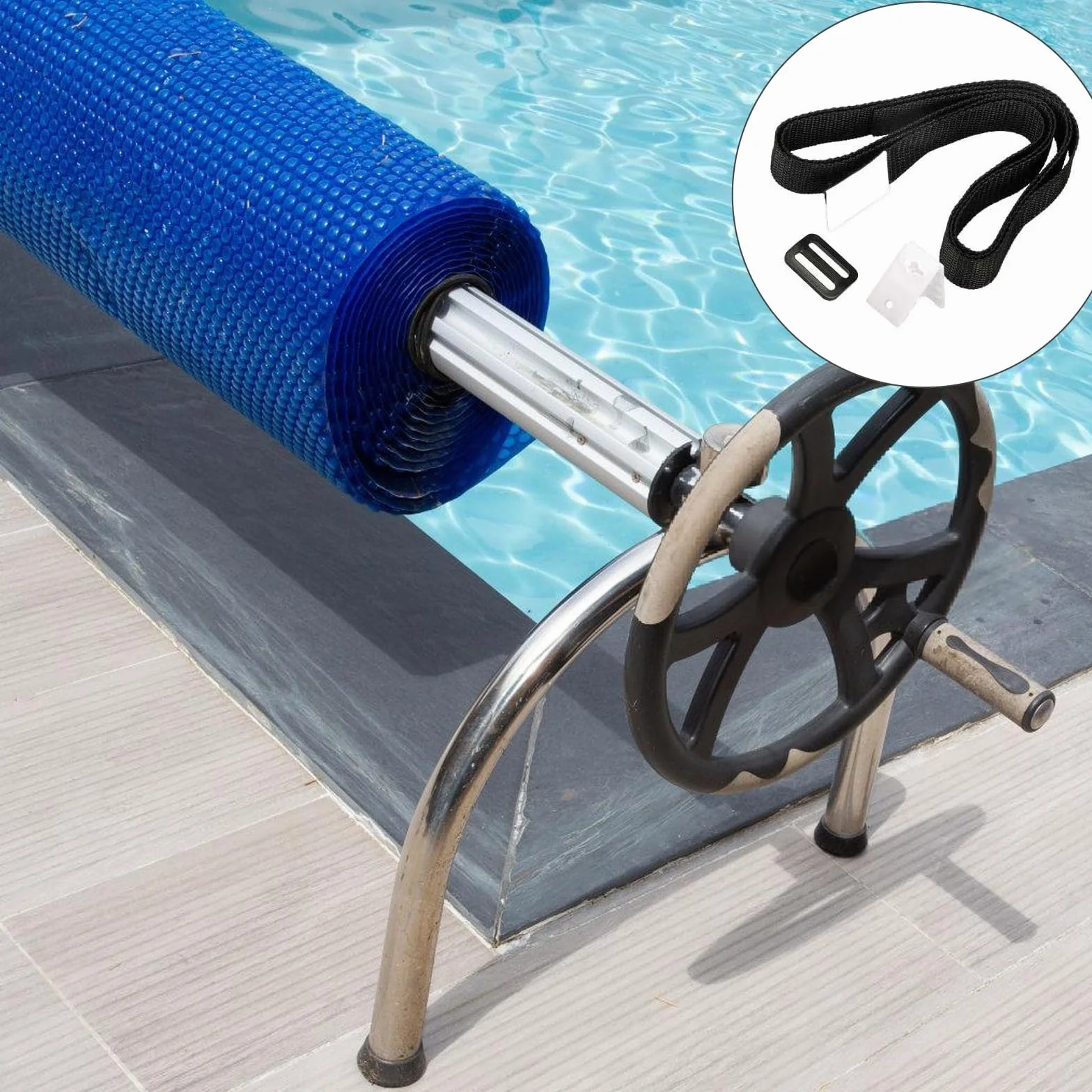 GOMETY 8 bandas de sujeción y grapas, enrollador de piscina, enrollador móvil, lámina solar, accesorios para sistema de enrollado móvil para lonas/cubiertas de piscina (8, negro)