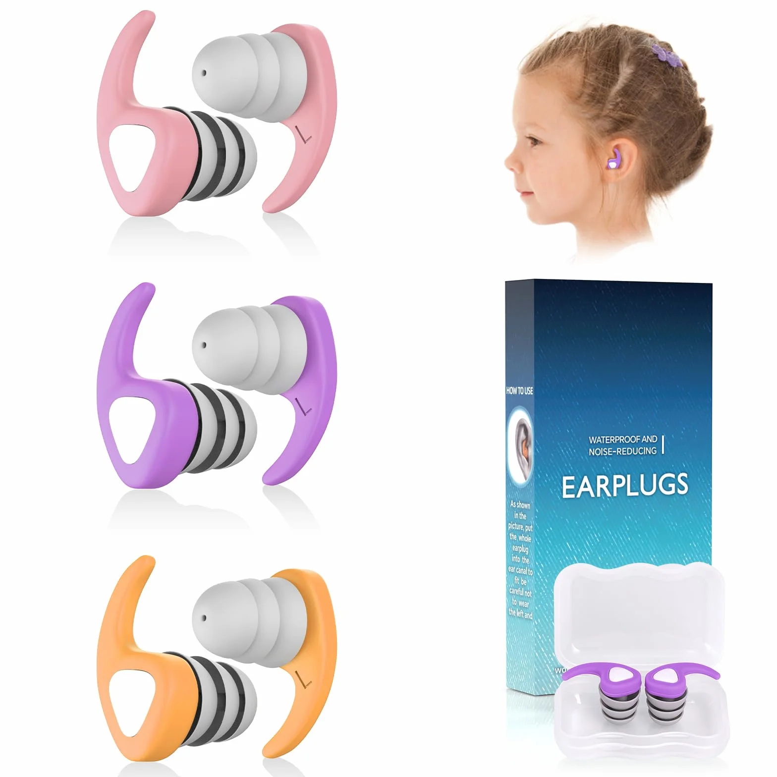 Tapones Oídos Natación para Niños 3 Pares Silicona Reutilizables Protección Ducharse Nadar Bañarse 3-10 Años