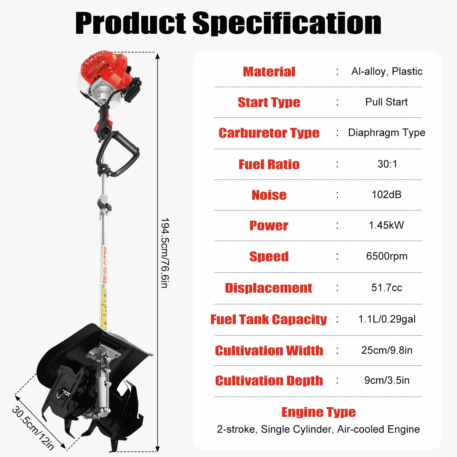 Rototiller a gas de 51.7 CC, cultivador de mano pequeño de un solo cilindro de 2 tiempos, 6500 RPM refrigerado por aire con tanque de combustible de 1.1 L para deshierbe de suelo suelto de