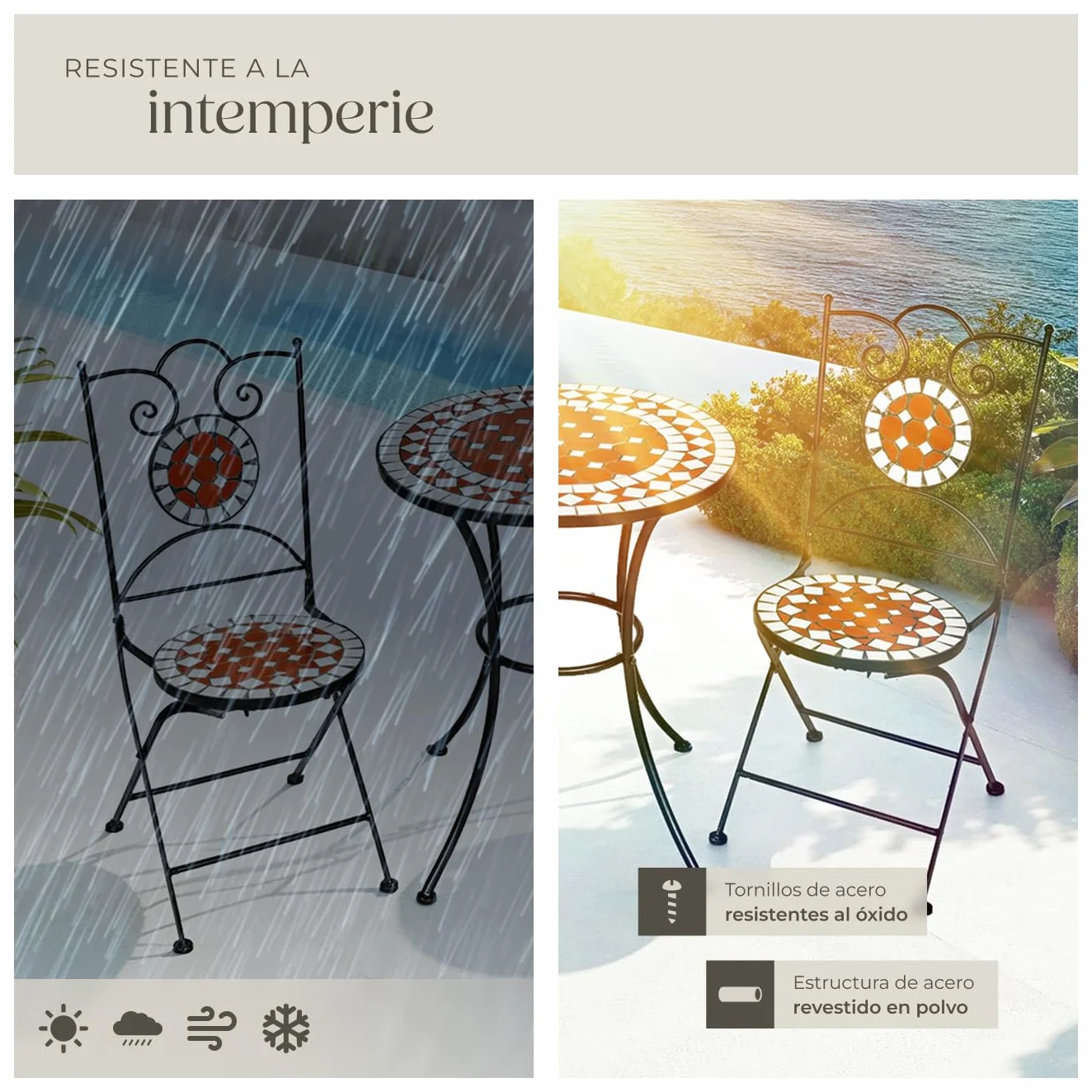 tectake® Conjunto Muebles Jardín Exterior de Metal y Cerámica, 1 Mesa y 2 Sillas Plegables, Muebles Terraza Impermeables y Resistentes a Intemperie, Gran Capacidad de Carga, Fácil Limpieza - marrón