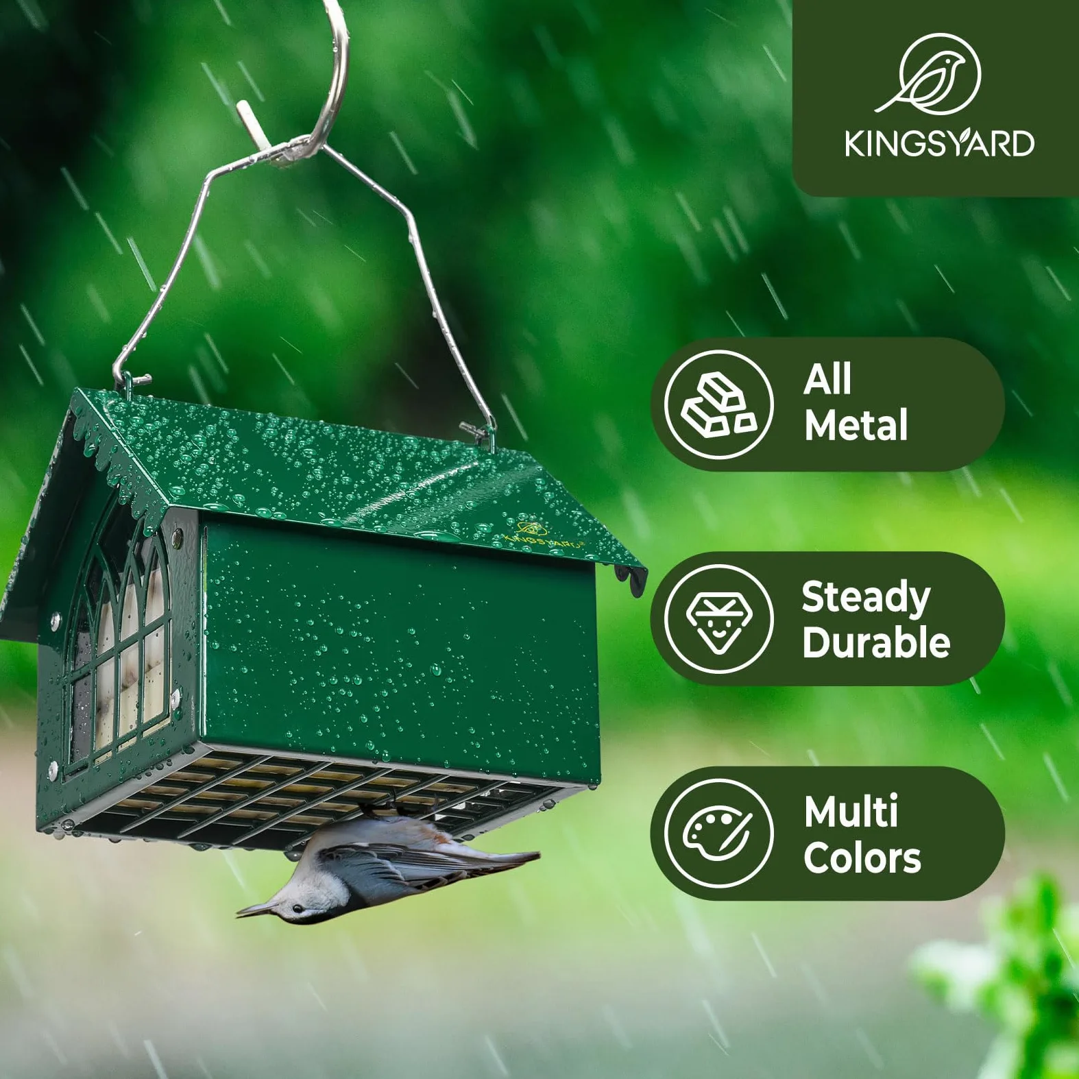 Kingsyard Comedero doble de sebo para pájaros con techo resistente a la intemperie, todo de metal, comederos de sebo boca abajo para colgar al aire libre, ideal para pájaros carpinteros, gallinero,