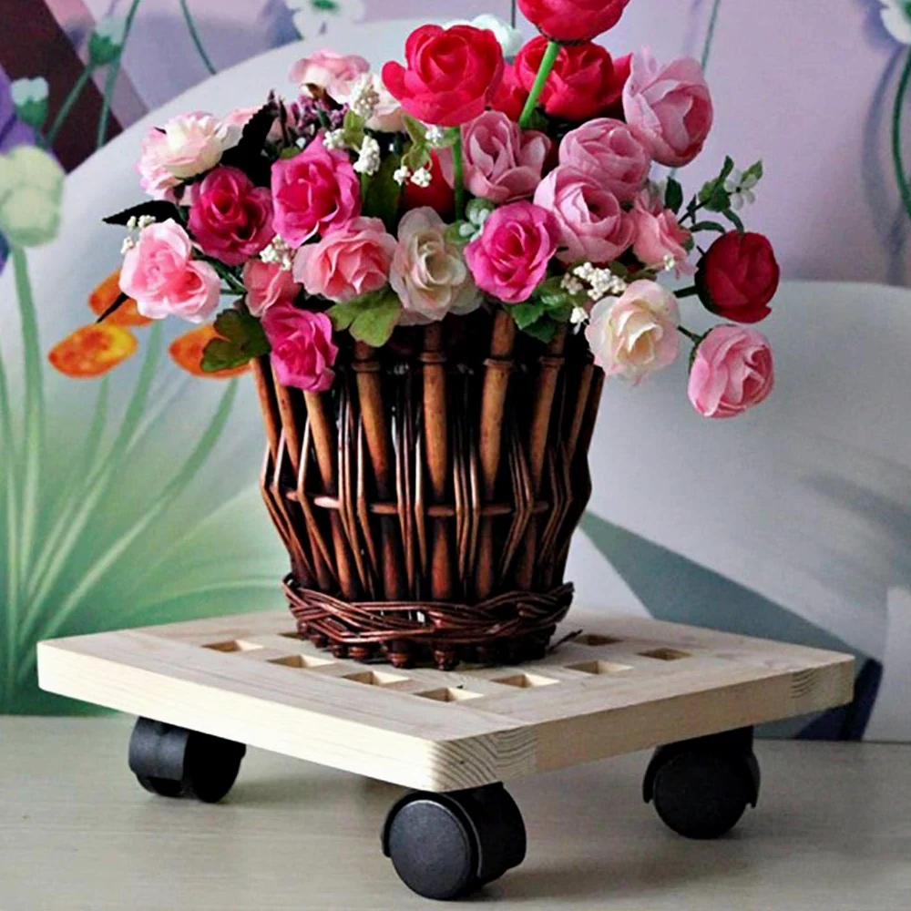 Carretilla de Madera Cuadrada para Plantas con Ruedas, Carrito para Plantas de Interior y Exterior, Soporte para macetas Grandes para jardín