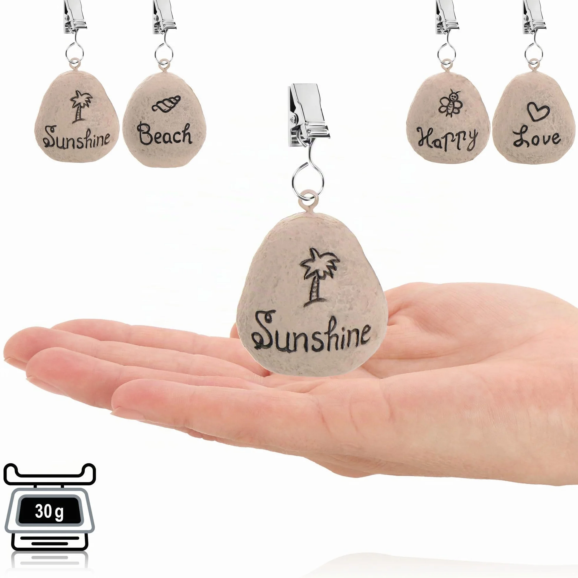 Com-four® Pesos para Mantel 8X - Resistentes a la Intemperie con Clip - Aspecto de Piedra y Diseño de Playa - Aprox. 30g (Grau - Steine)