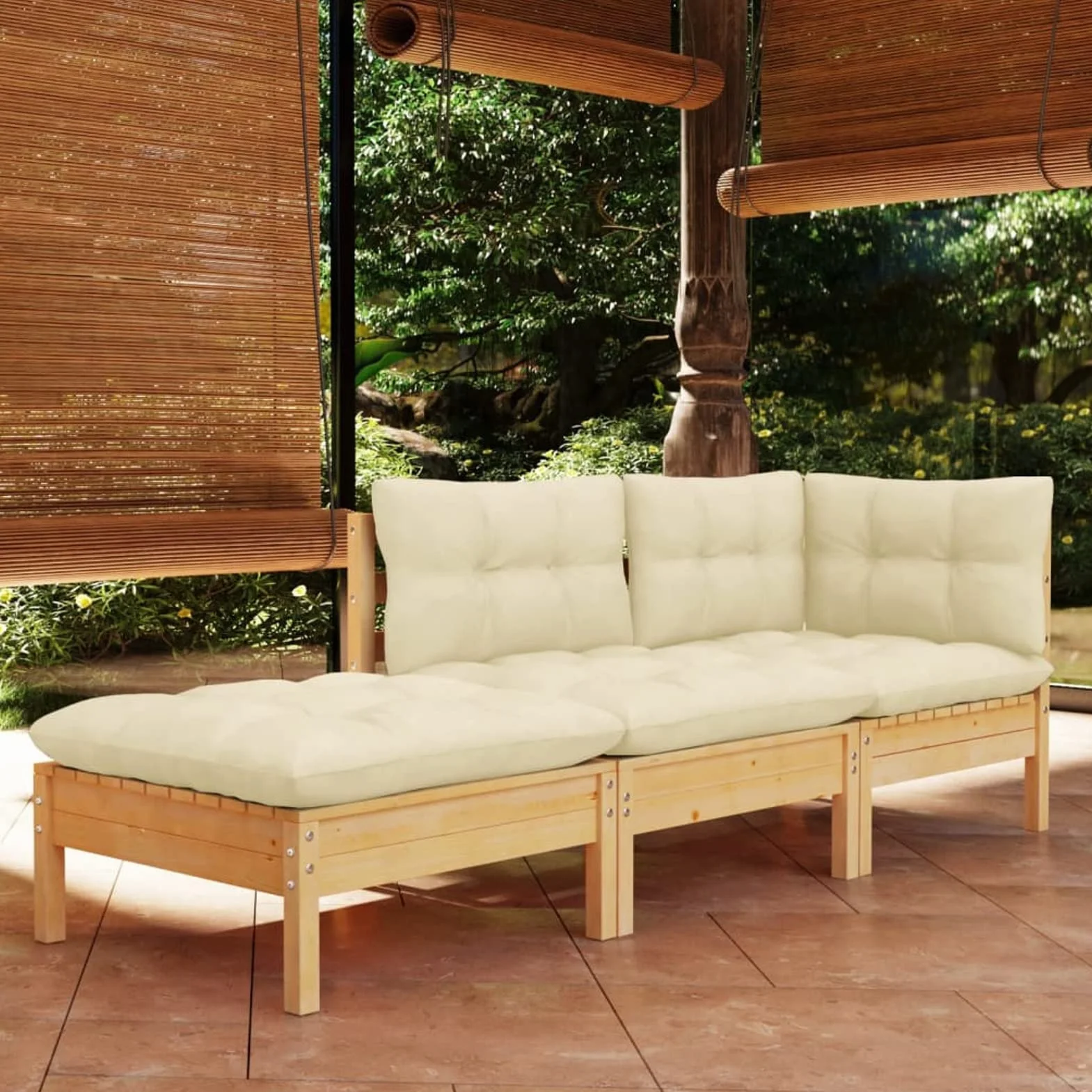 Muebles de jardín 3 Piezas Cojines, Set Exterior Jardin, Conjunto De Jardin, Conjunto Muebles Jardin Exterior, Sofa Jardin Terraza, Madera Maciza de Pino Crema